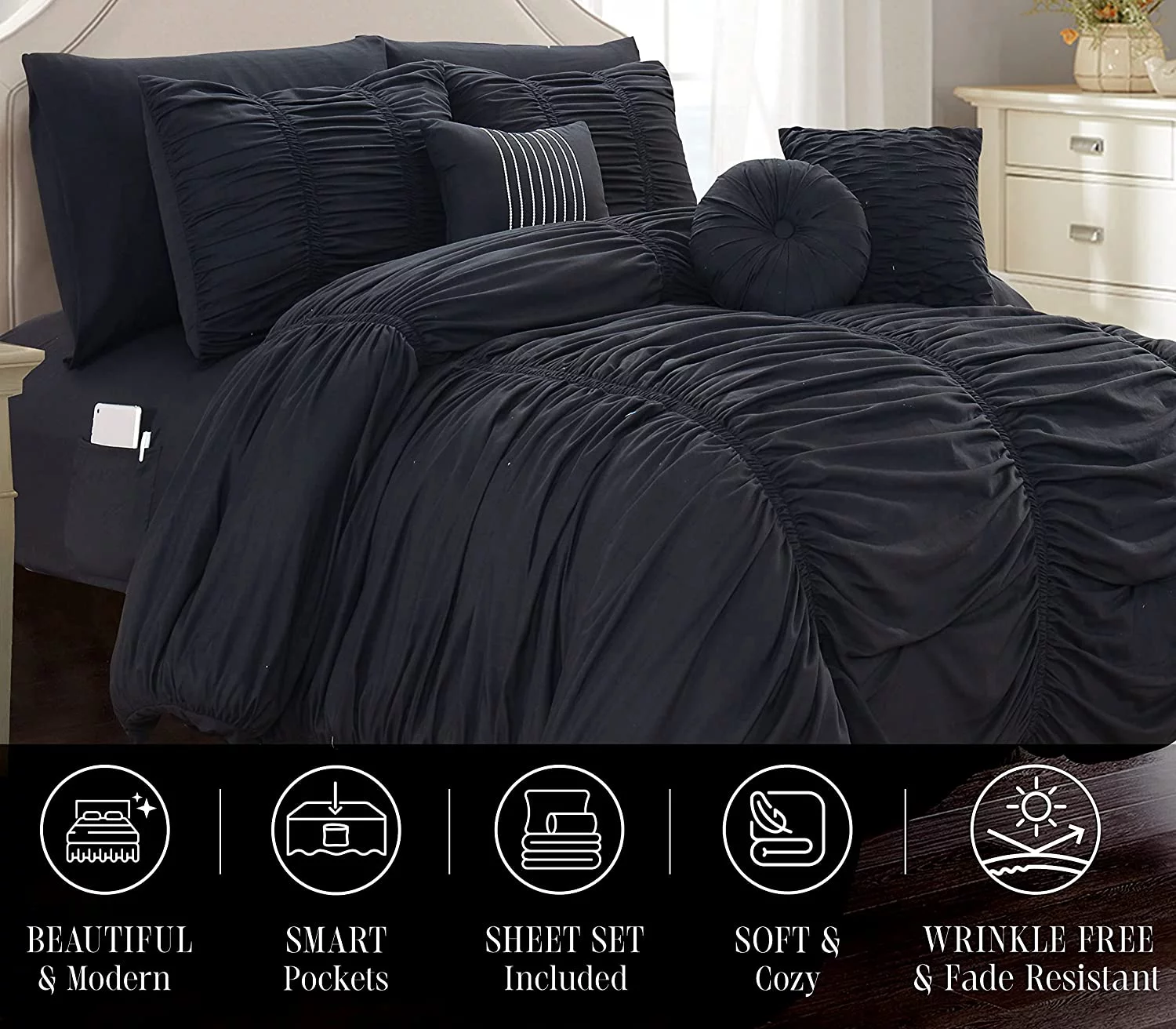 Mocassi 10pc Pleated Bed-in-a-Bag, Ruched Ruffle Comforter Set Featuring Decorative Pillows and Fitted Sheet Full/Queen, Black