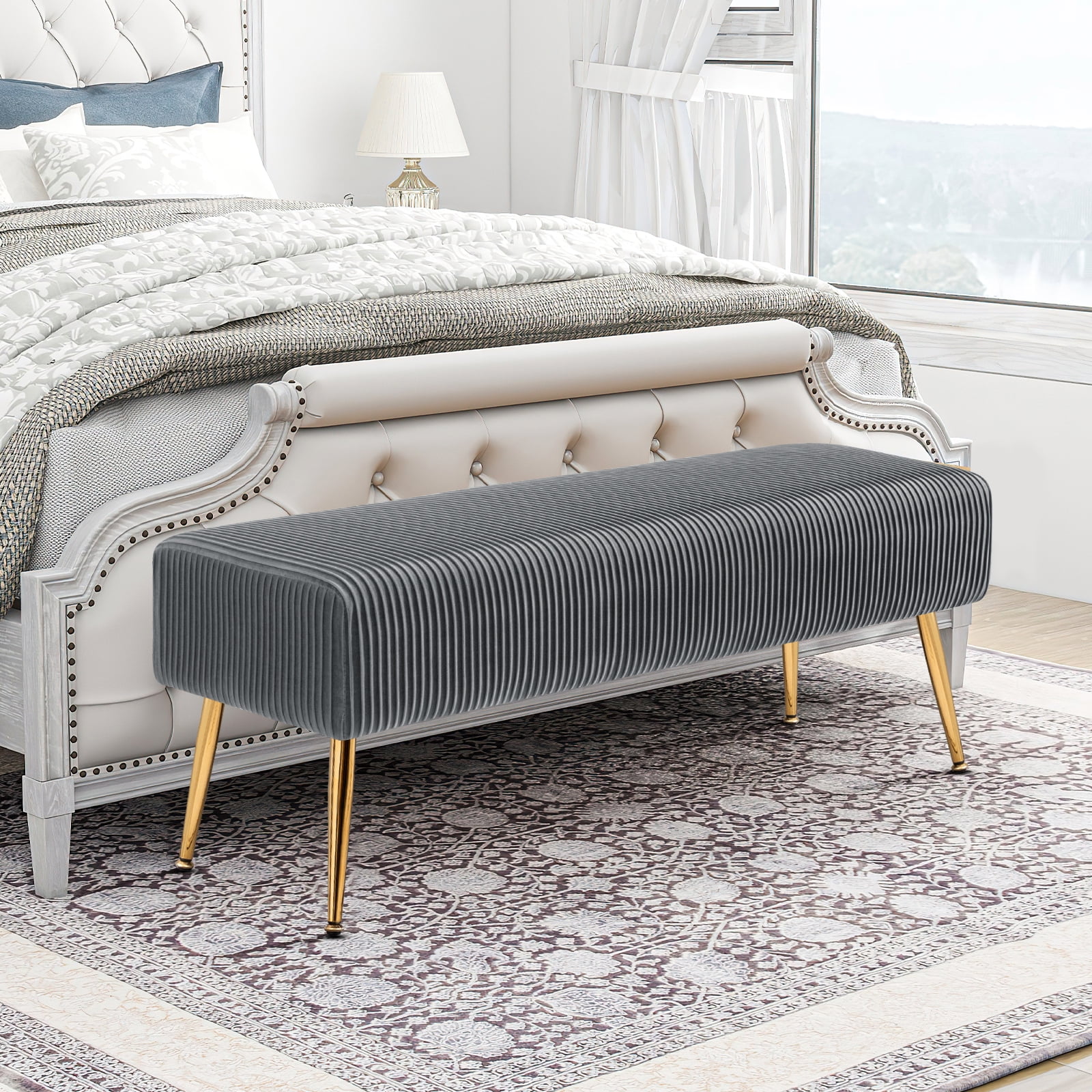 Furniliving Bedroom Bench Modern Entryway Bench Upholstered Ottoman Shoe Bench, Grey