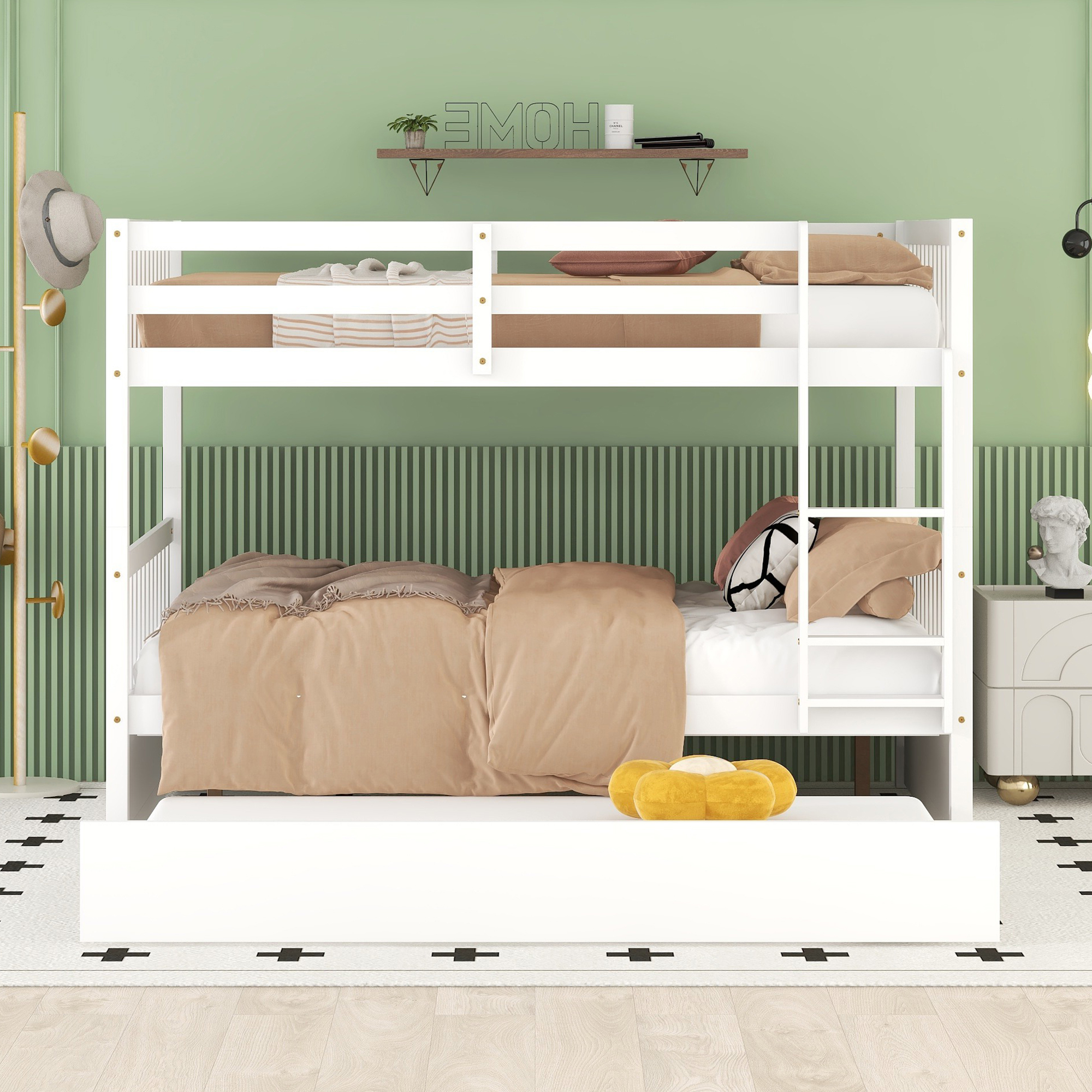 Bellemave Full Over Full Bunk Bed with Trundle,Wooden Trundle Bed Frame with Ladder,Convertible to 2 Platform Beds for Kids Teens Adults(White)