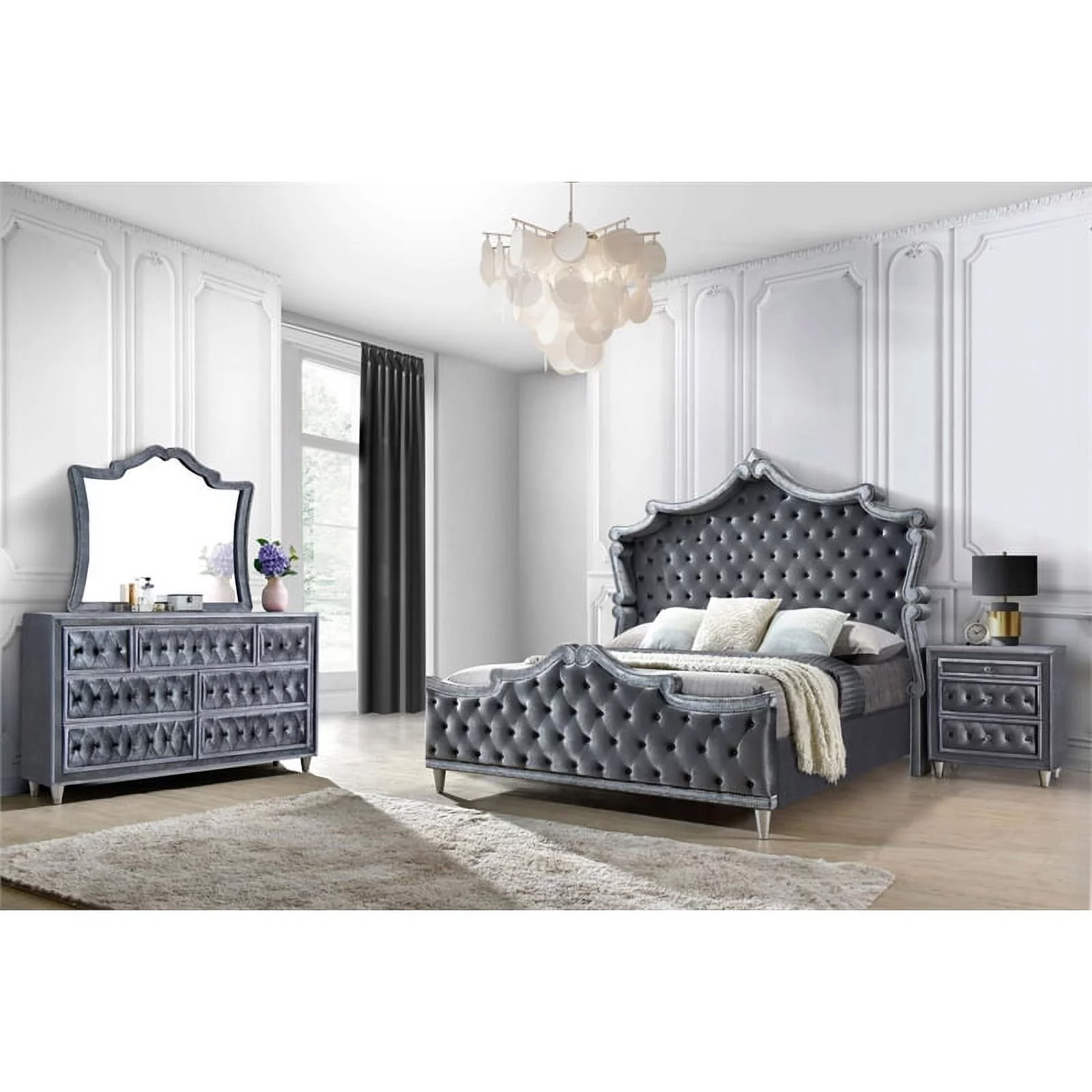 Maklaine 4-Piece Velvet Upholstered Eastern King Bedroom Set in Gray