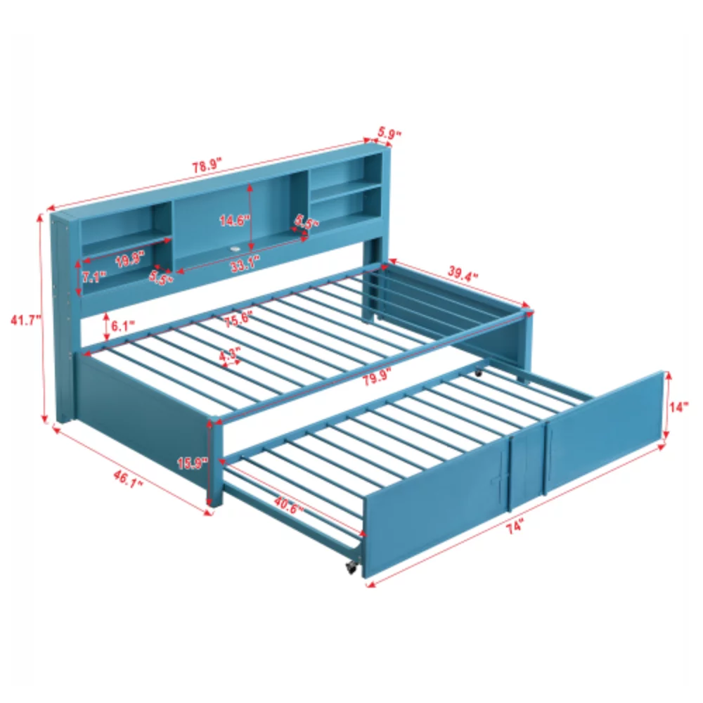 Metal Twin Size Daybed with Twin Size Trundle, Storage Shelves and USB Ports, Blue