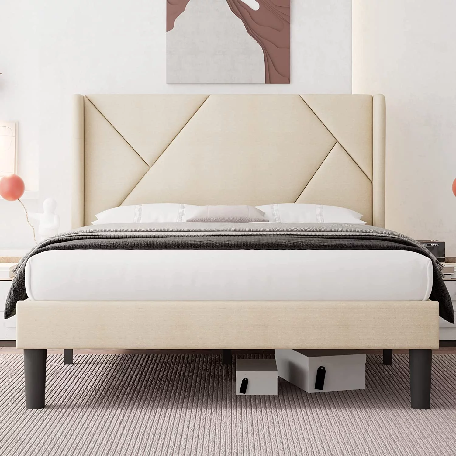 Popular Queen Size Platform Bed Frame with Wingback Geometric Upholstered Bed Frame with Headboard Wood Slats Support No Box Spring Required Dark Grey