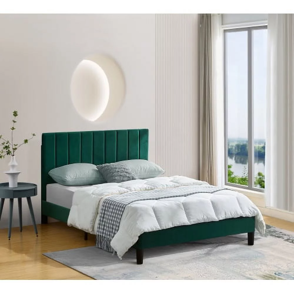 Full Size Frame Platform Bed with Upholstered Headboard and Slat Support, Heavy Duty Mattress Foundation, No Box Spring Required, Easy to Assemble, Green