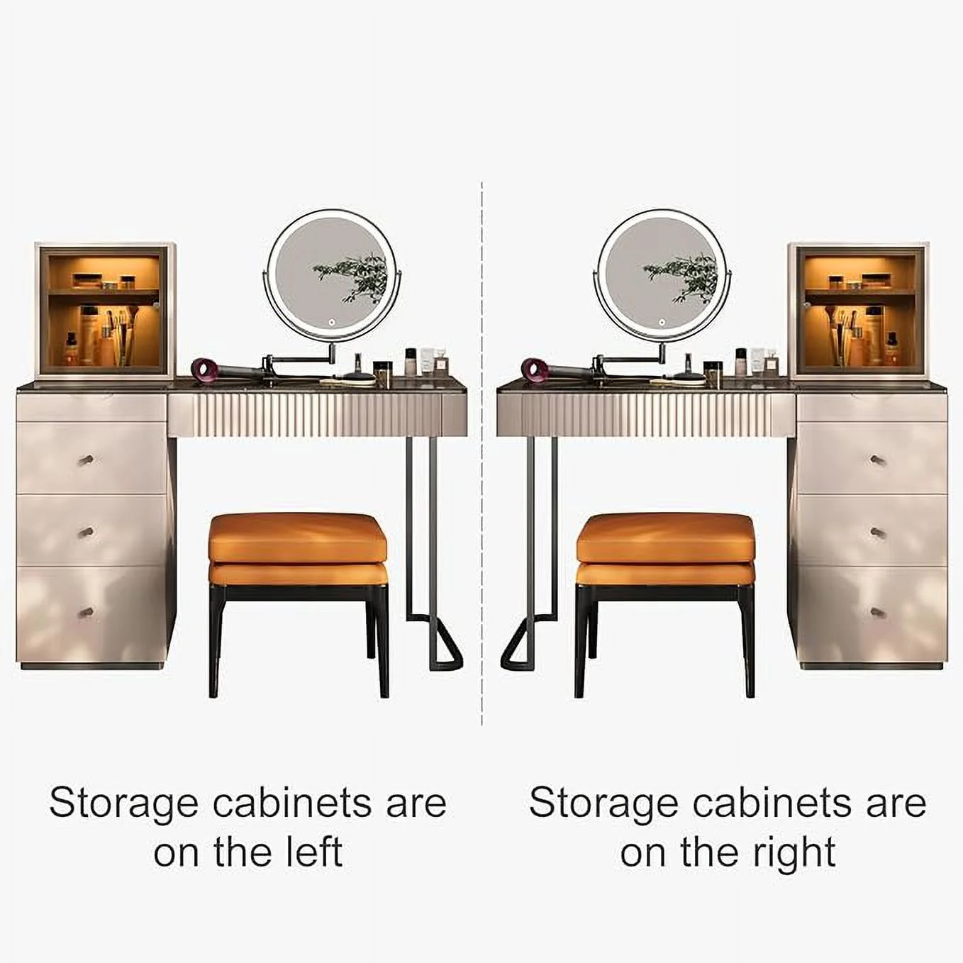 Lartis Premium Makeup Vanity Table with Stool,Very Easy to Assemble，Dressing Table,Vanity Desk,Dresser Desk,LED Lighted Mirror, Gold-Plated Stainless Steel Legs ，5 Drawers, Side Cabinet