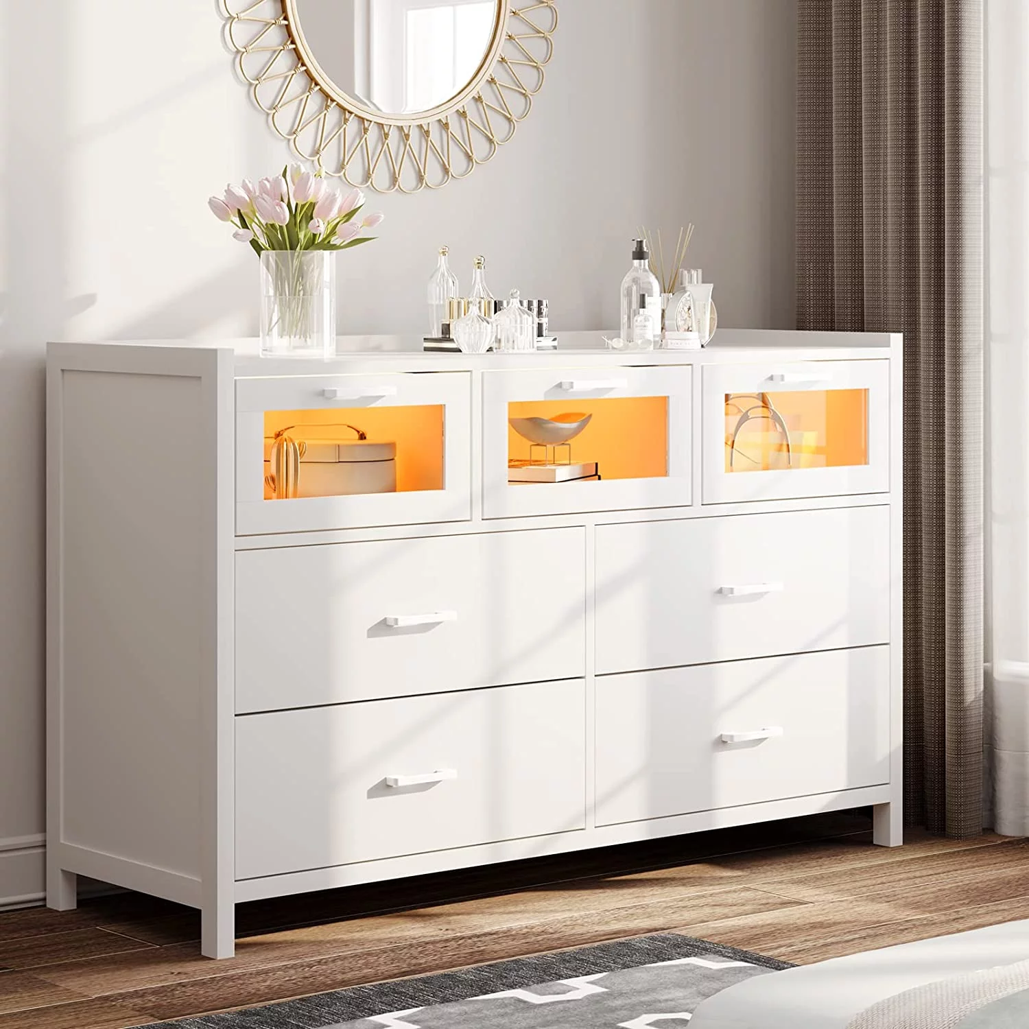 7 Drawer Dressers with LED Lights, Dresser for Bedroom, Dressers and Chests of Drawers, White