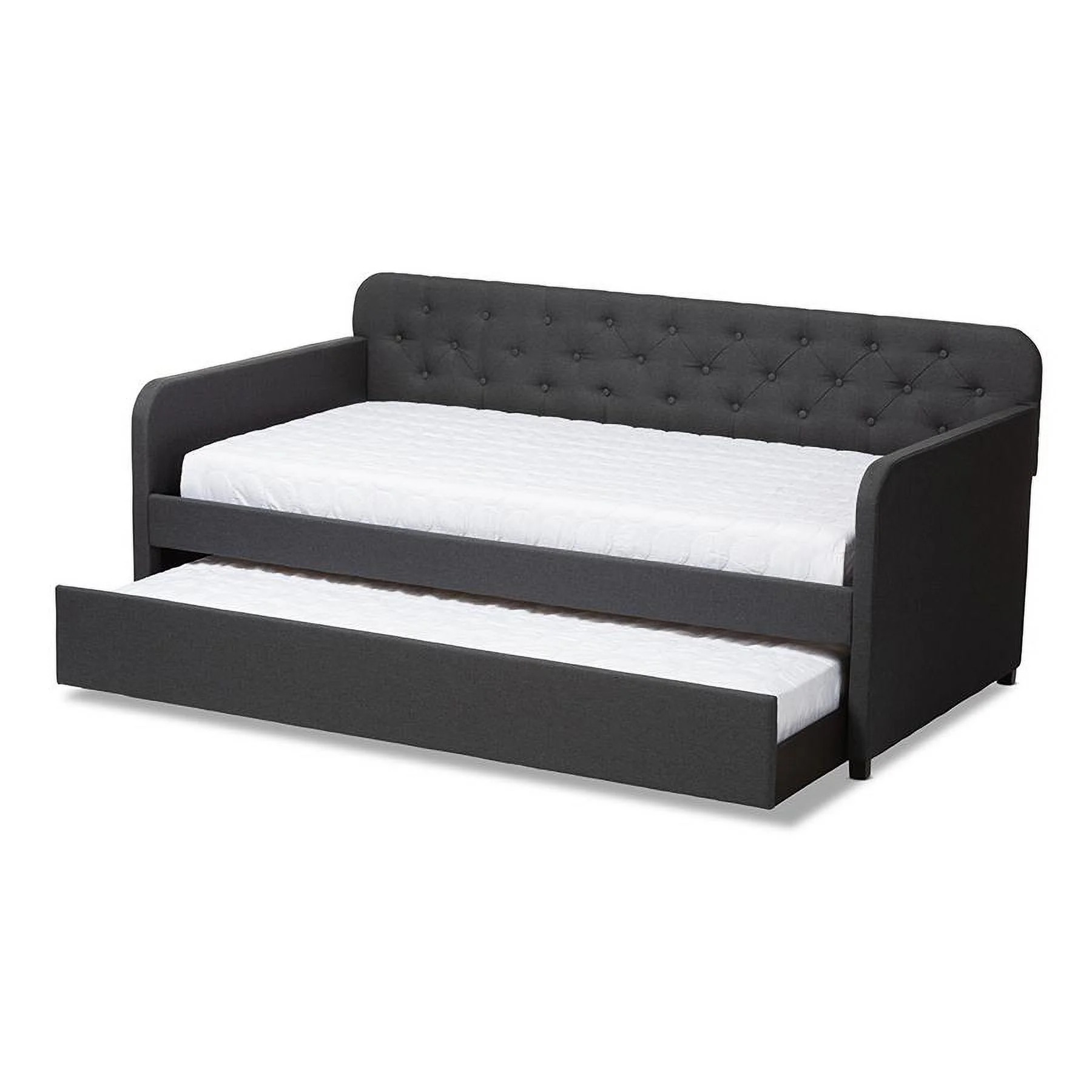 Baxton Studio Camelia Modern and Contemporary Charcoal Gray Fabric Upholstered Button-Tufted Twin Size Sofa Daybed with Roll-Out Trundle Guest Bed