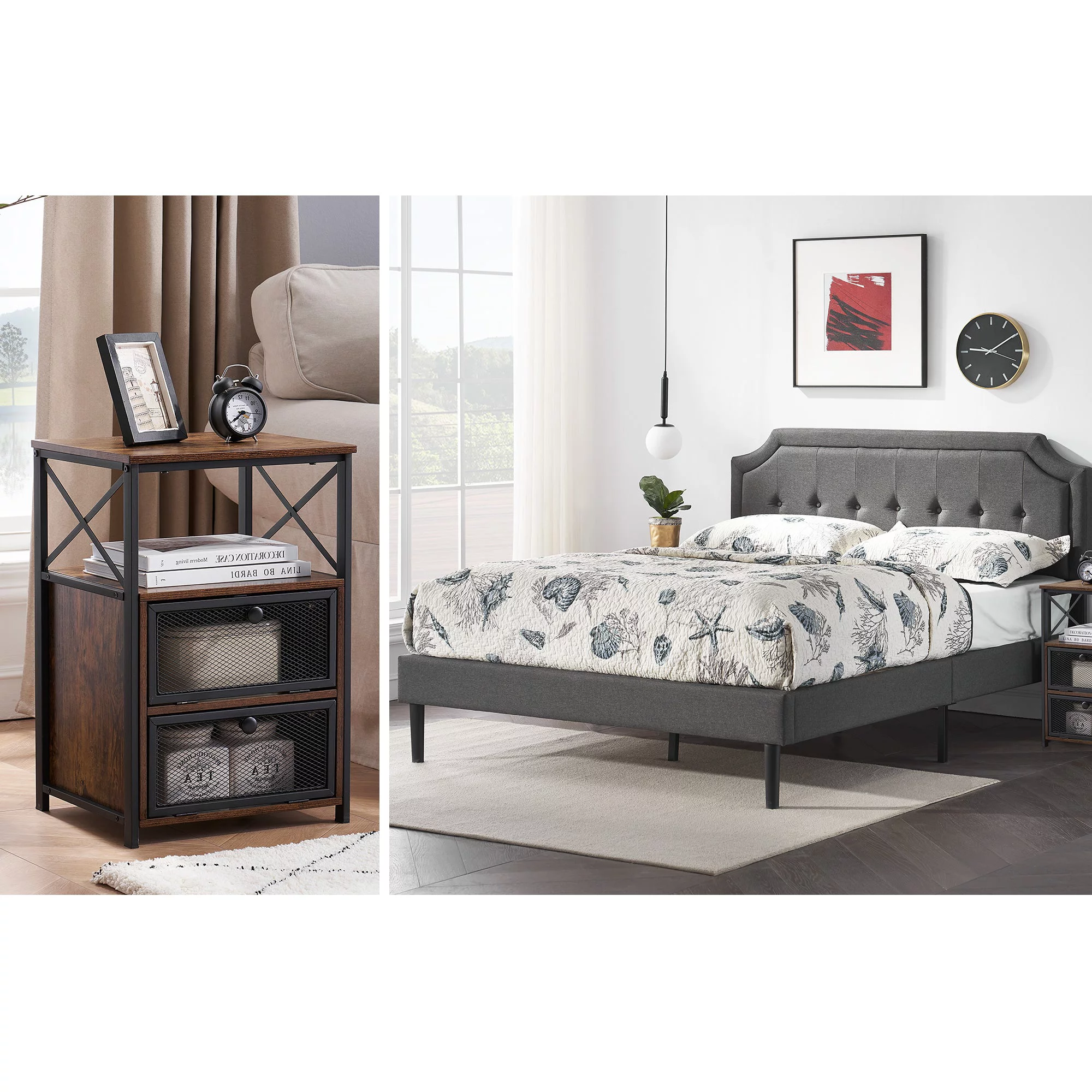 VECELO 3-Piece Bedroom Sets Upholstered Platform Bed Frame and 2 Nightstand
