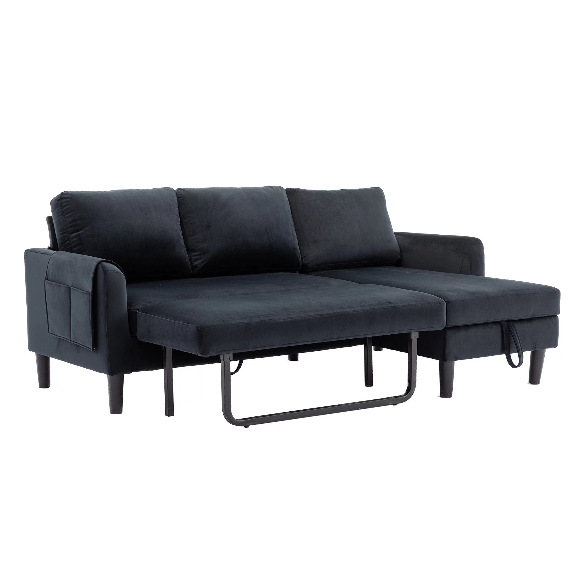 Muumblus Sectional Sleeper Sofa with Pull Out Bed, Modern Sectional Sofa with Storage Shaise, Pull Out Sofa Bed for Living Room, Black Fabric