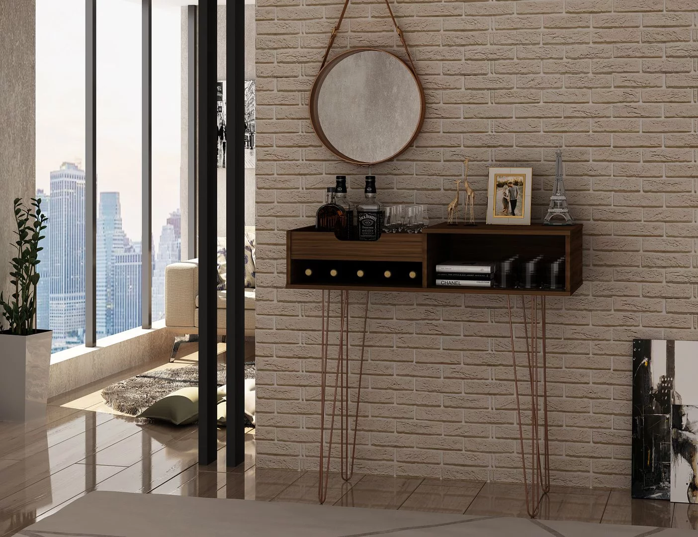 Manhattan Comfort Rockefeller 39.37 Entryway Console with 3 Compartments and Metal Legs in Brown