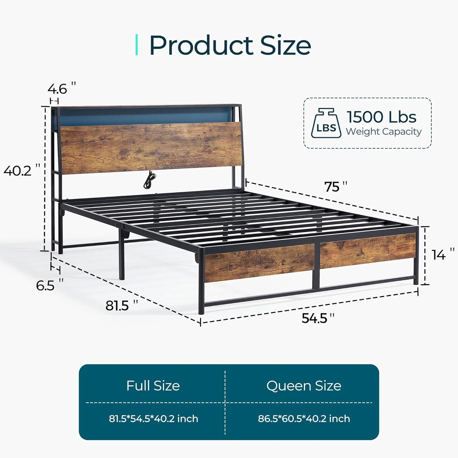 Full Bed Frame with Ergonomic Headboard, 14 inch Fast Assembly Metal Bed with Lights, Outlets & USB, Bed Frame Full Size with Storage, Noise Free, No Box Spring Needed, Rustic Brown