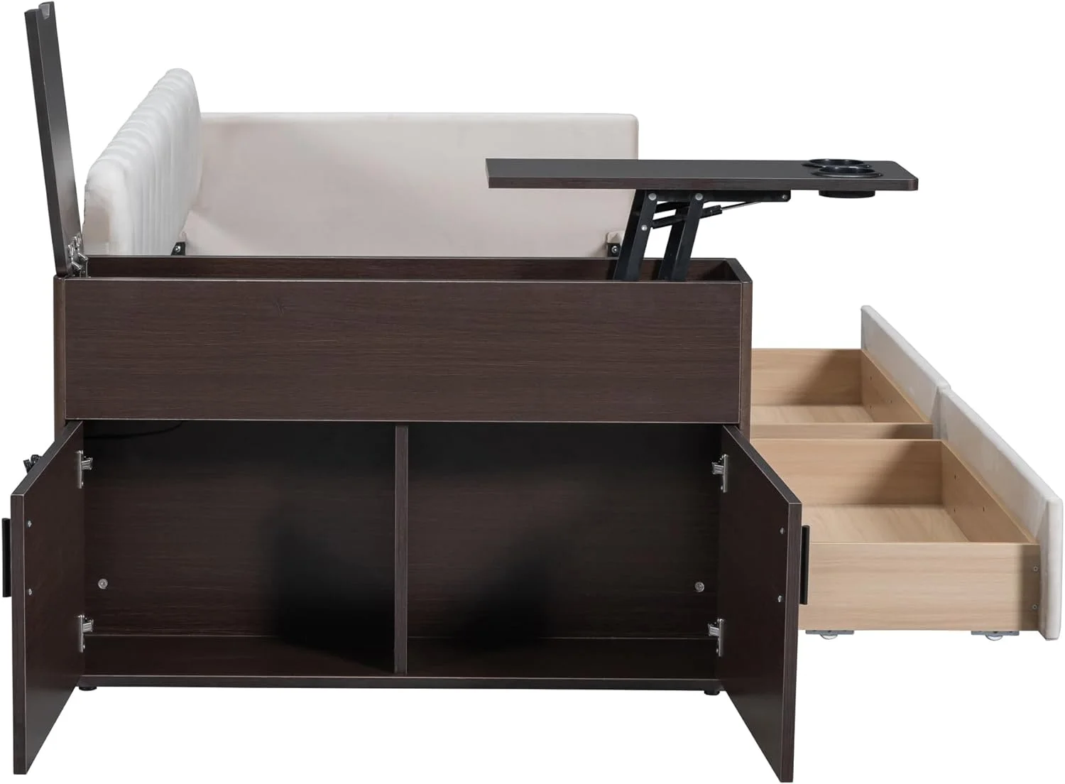 Twin Size Multi-Functional Storage Upholstered Daybed with Armrest Locker and 2 Drawers, Multi-Functional Armrest Locker with Cup Holder and a Set of USB Ports and Sockets