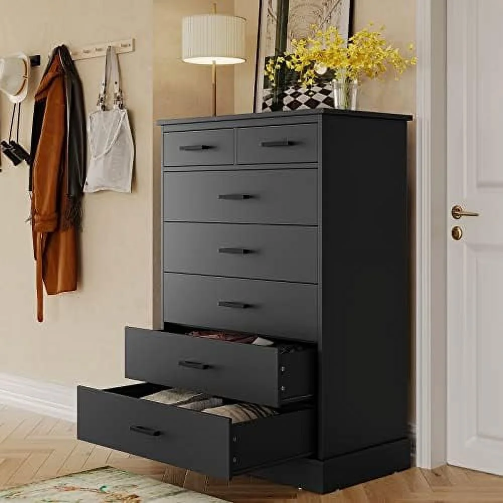 HBBOOMLIFE Black Dresser for Bedroom  Tall 7 Drawer Dresser with Sturdy Base  Wood  Tower Clothes Organizer  Large  Cabinet  Chest of 7 Drawers for Closet  Living Room  Hallway