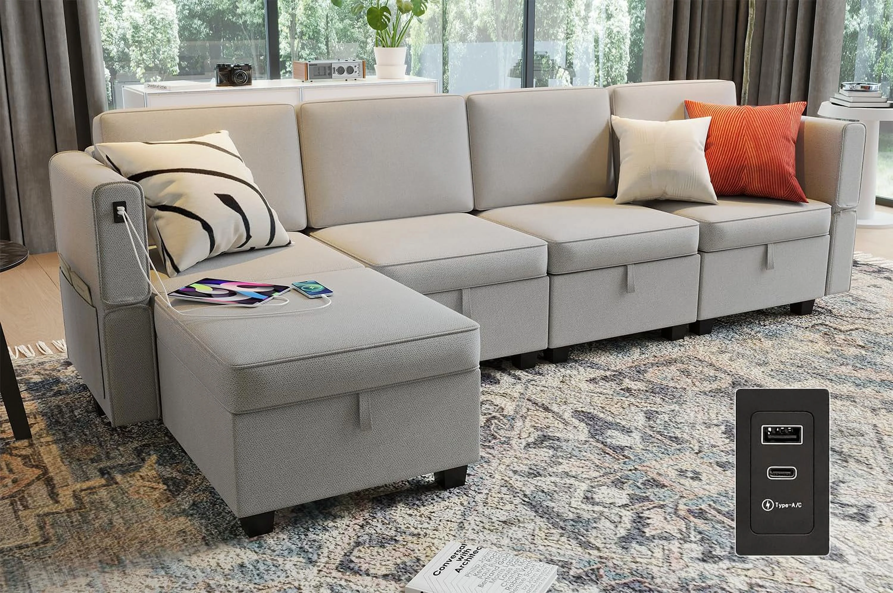 RichYa Modular Sectional Sofa Convertible L Shaped Couch with USB C Port Storage Ottomans, 5 Seats