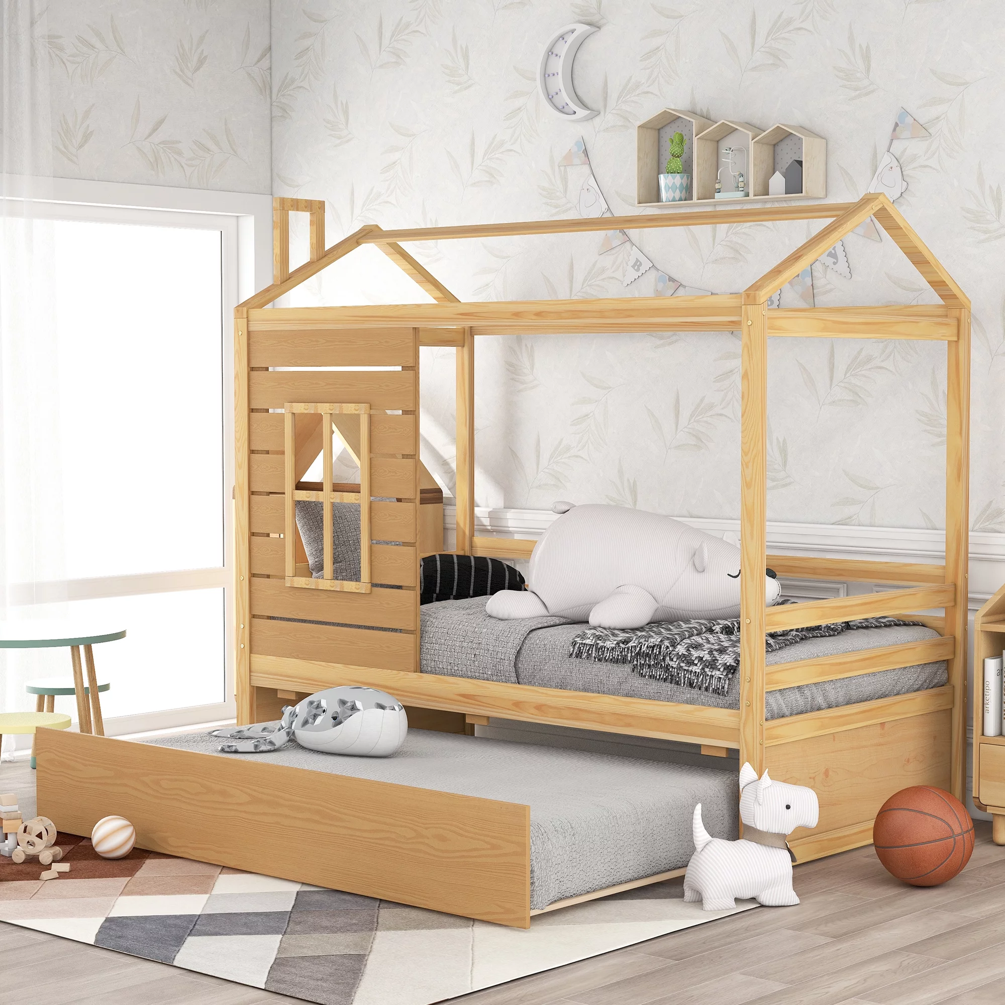 Twin Size House Bed Wood Bed with Twin Size Trundle ( Natural )