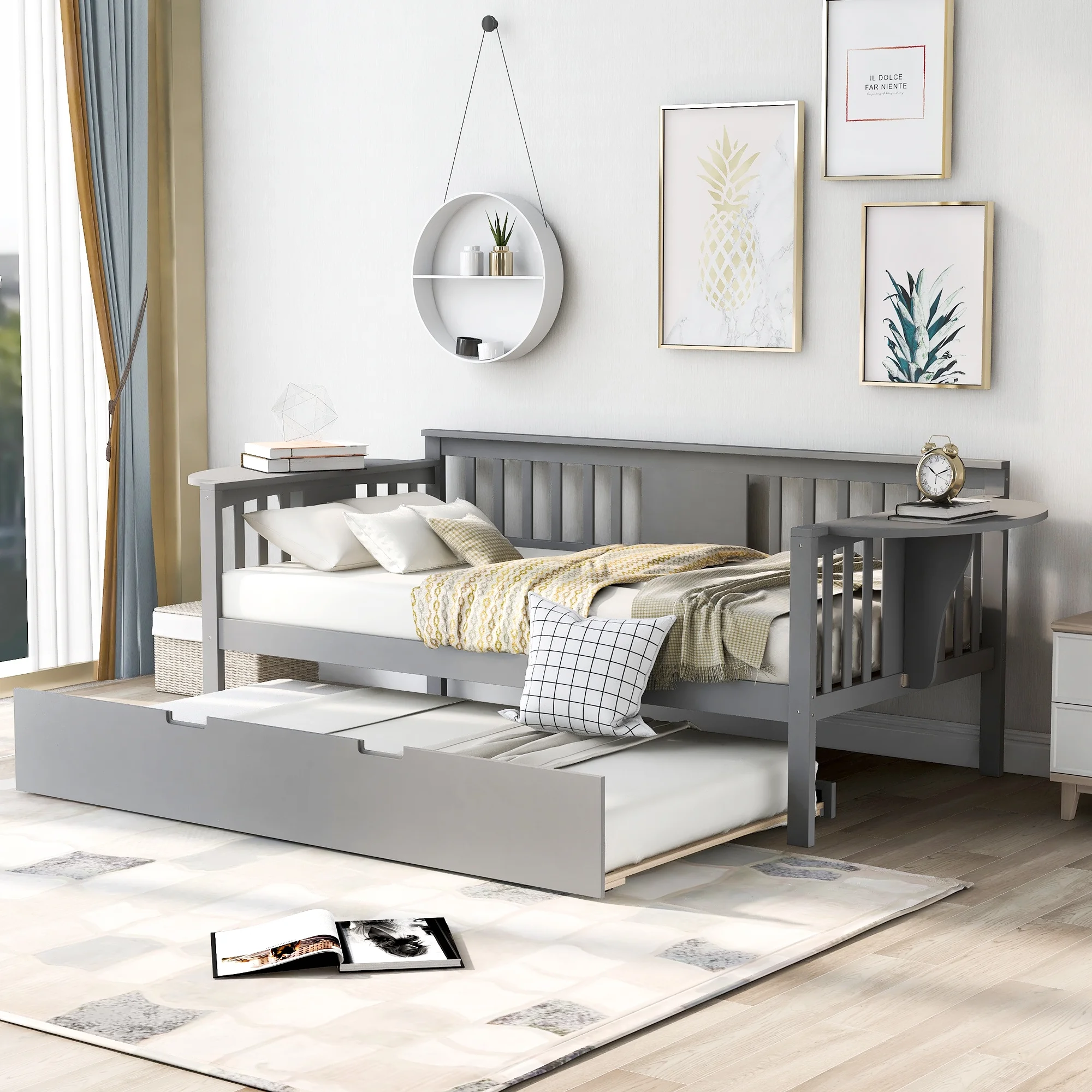 CoSoTower Twin Wooden Daybed With Trundle Bed, Sofa Bed For Bedroom Living Room, Gray