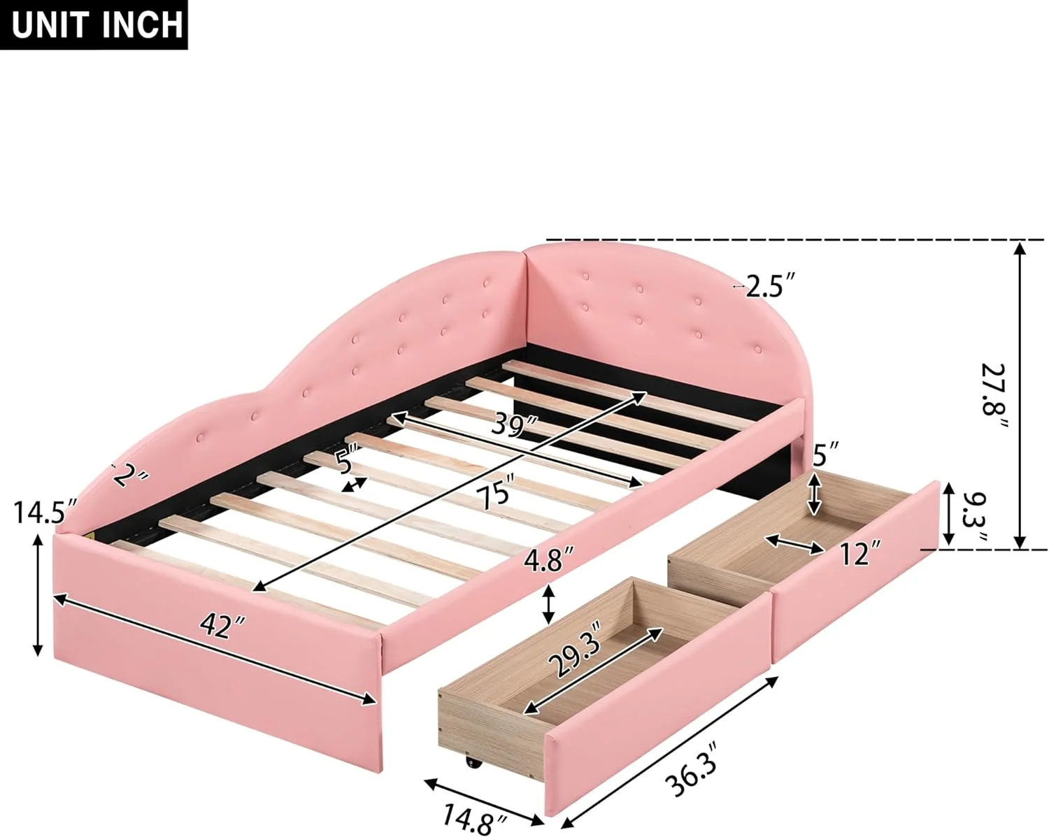 Daybed With Storage,PU Upholstered Tufted Daybed With 2 Drawers Ad Cloud Shaped Guardrail, Moder Storage Bed Sofa Daybed For Bedroom, Livig Room,