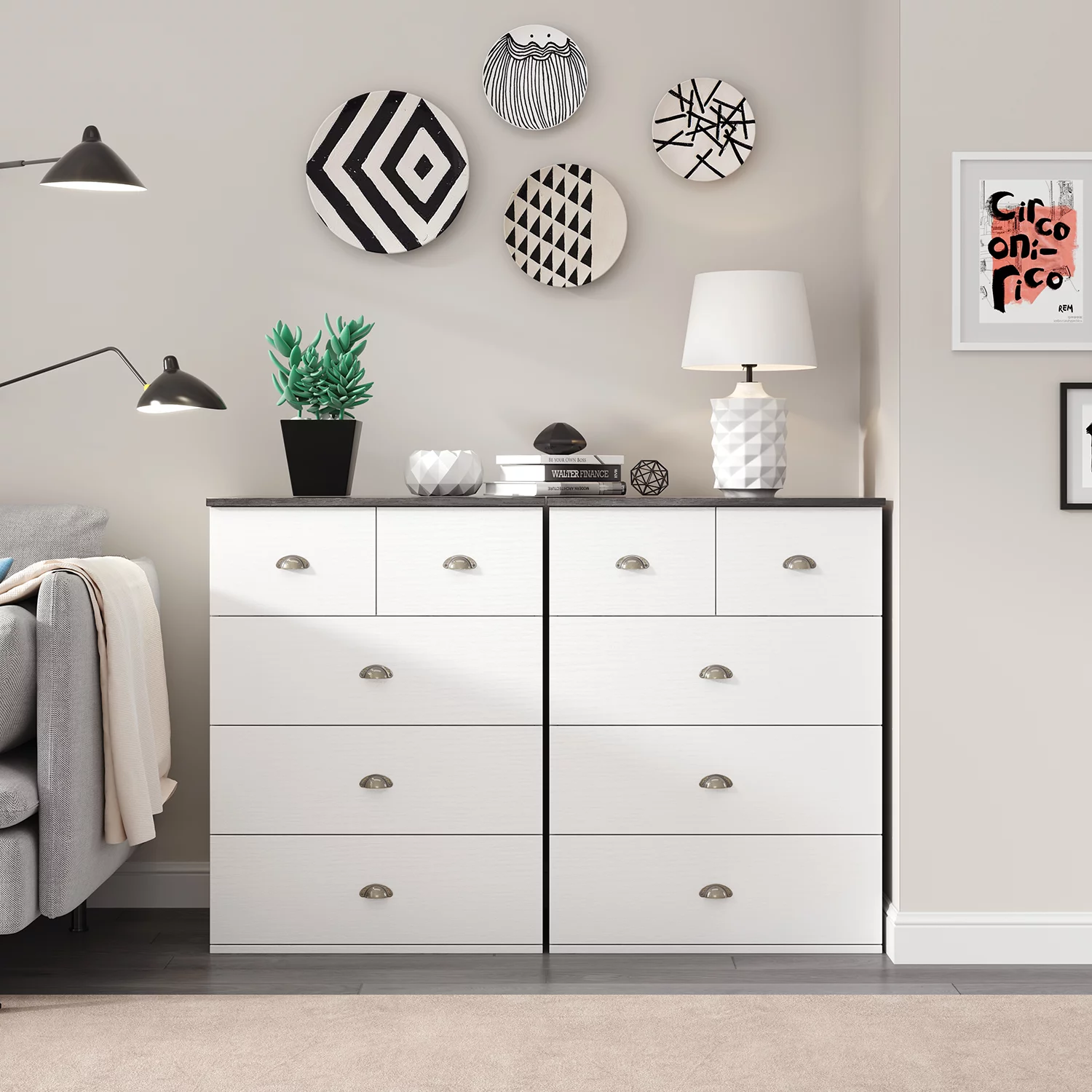 Contemporary White Wooden Natrual Square Nightstand with 5 Drawer Dresser for Bedroom with Storage