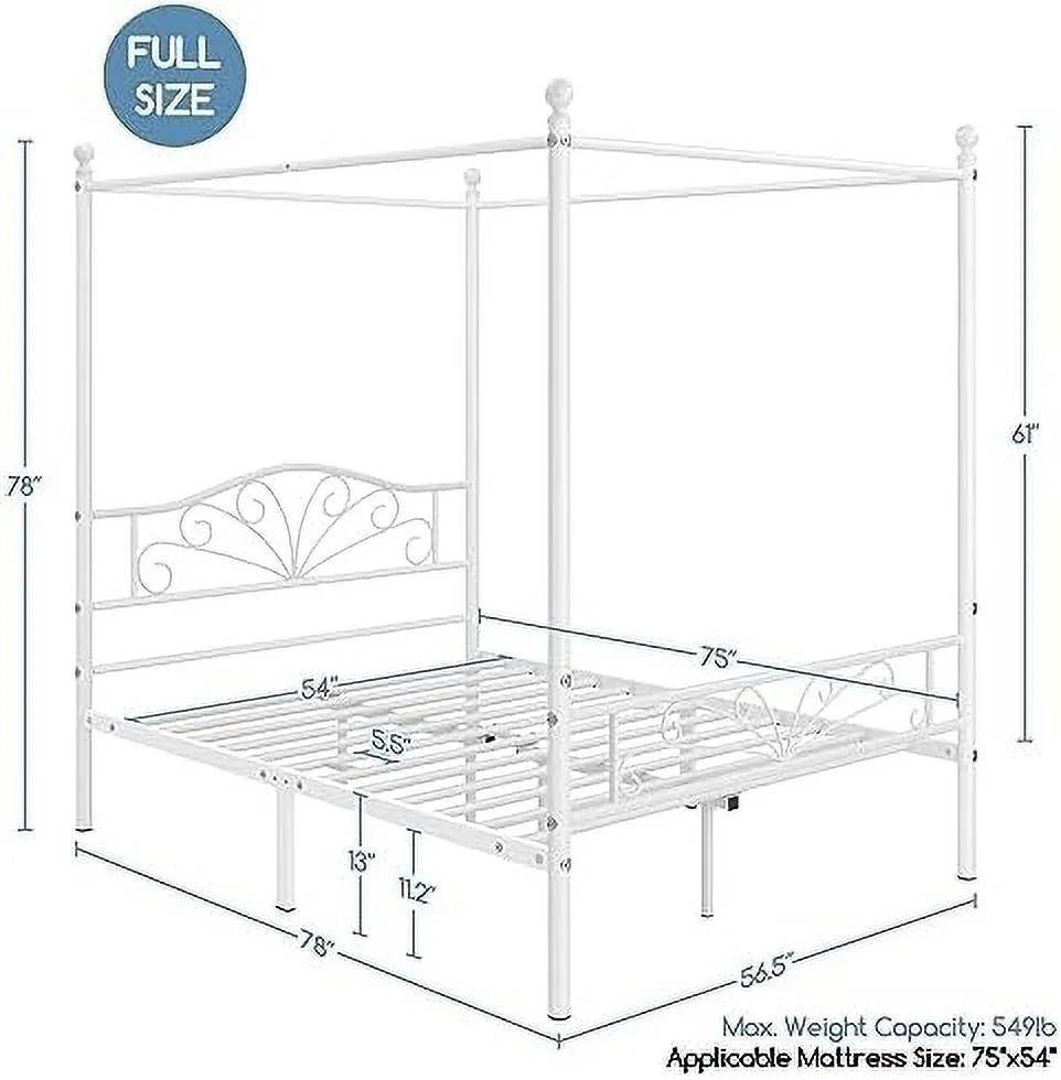 xrboomlife Full Graceful Metal Canopy Platform Bed Frame with Four Poster Design Arched Headboard Sturdy Metal Flats Support Underbed Space Ball Finals White