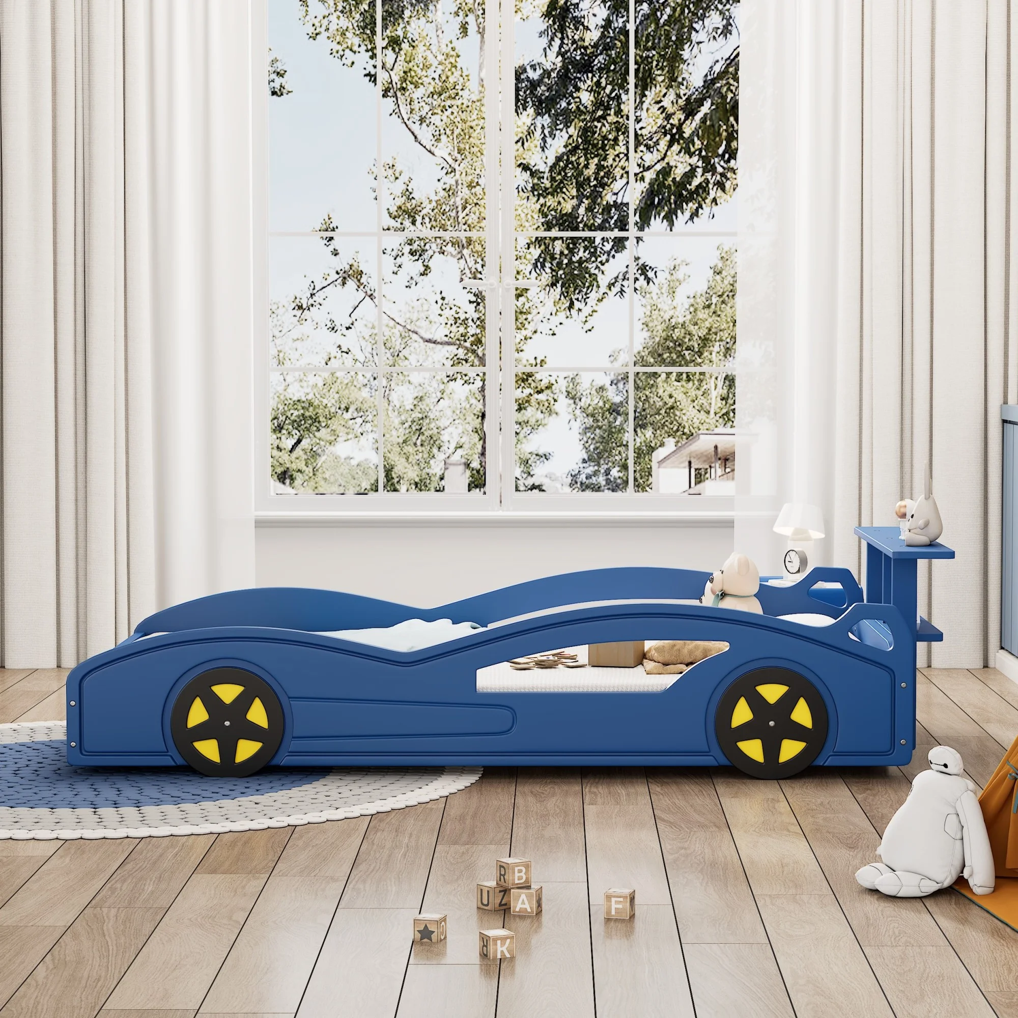 Wooden Race Car Bed,Car-Shaped Platform Twin Bed with Wheels For Teens,Blue & Yellow