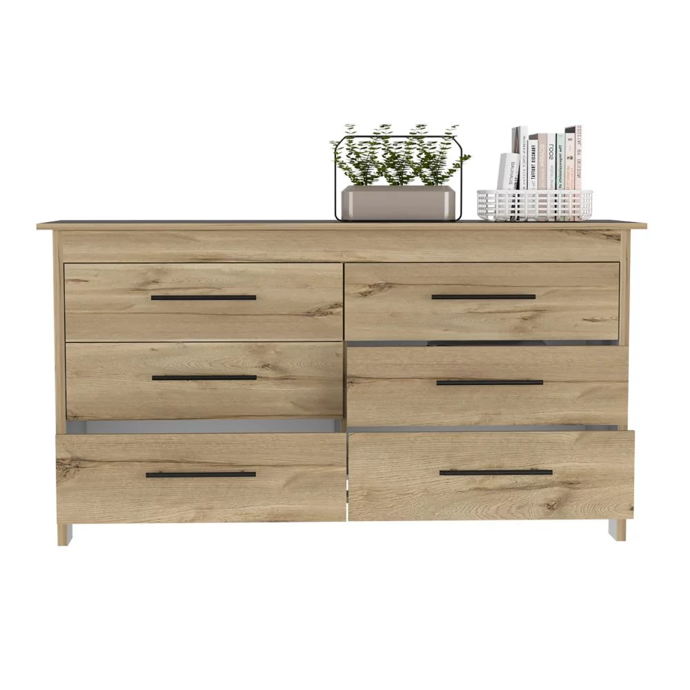 Treevol Furniture, 6 Drawer Double Dresser Wezz, Four Legs, Superior Top, Light Oak / White Finish