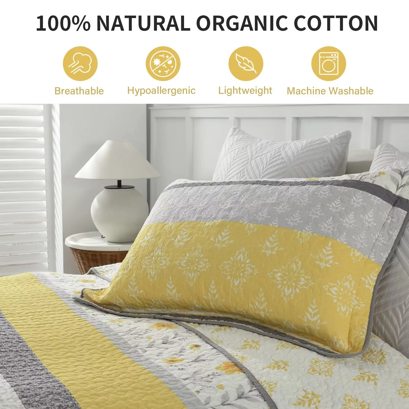 DDUOXIN Yellow Floral King Size Quilt, 100% Cotton Gold/Gray/Beige Flower Striped Cotton Quilt for King Bed, Farmhouse Lightweight Reversible Fall & Winter Gift 3-Piece Quilt Bedspread Set, 98