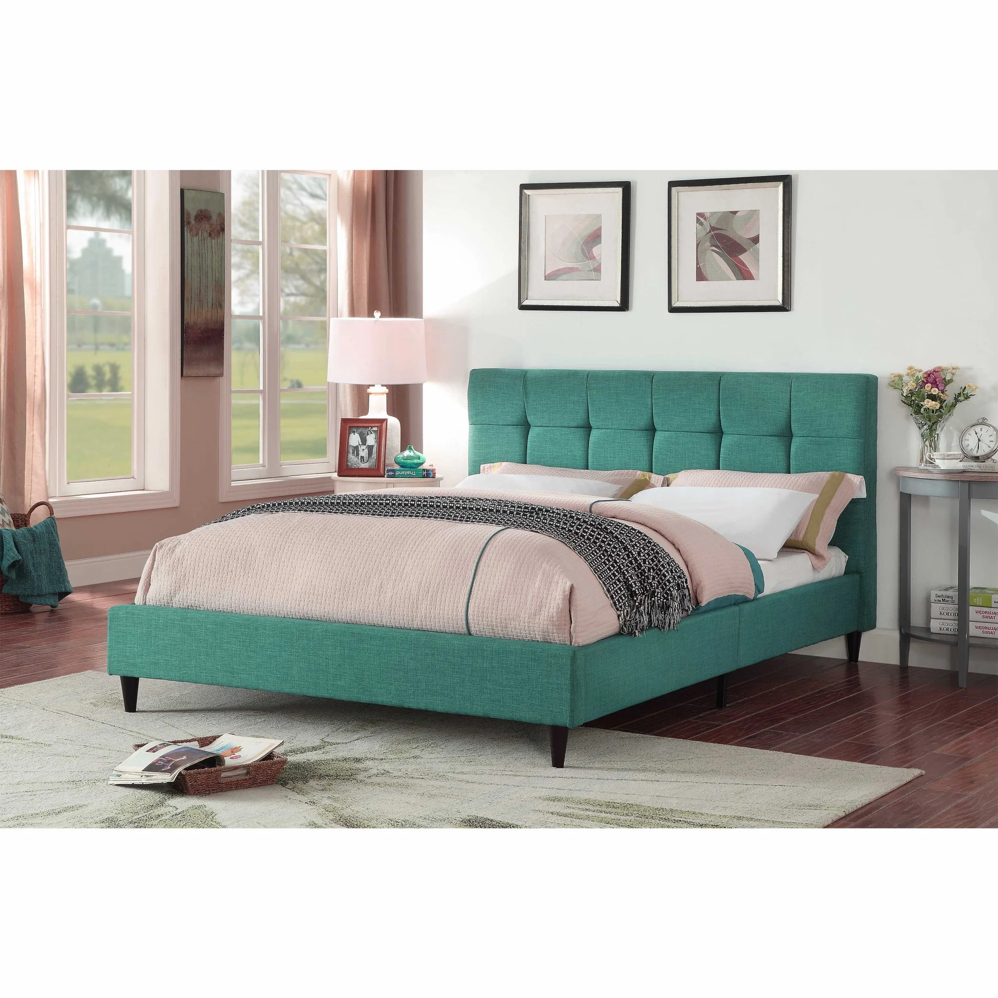 HomeRoots Modern Upholstered Square Stitched Platform Bed with Wooden Slats Blue - Queen Size