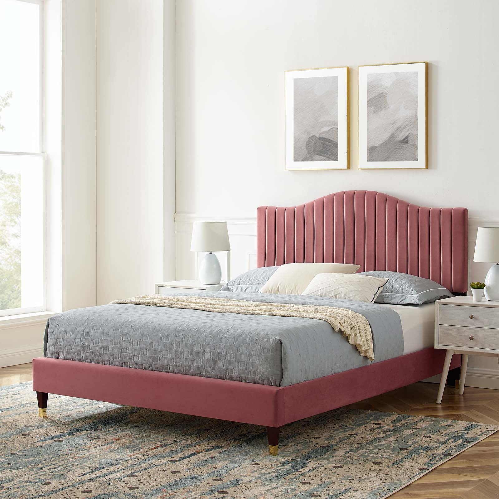 Tufted Platform Bed Frame, King Size, Velvet, Pink, Modern Contemporary Urban Design, Bedroom Master Guest Suite