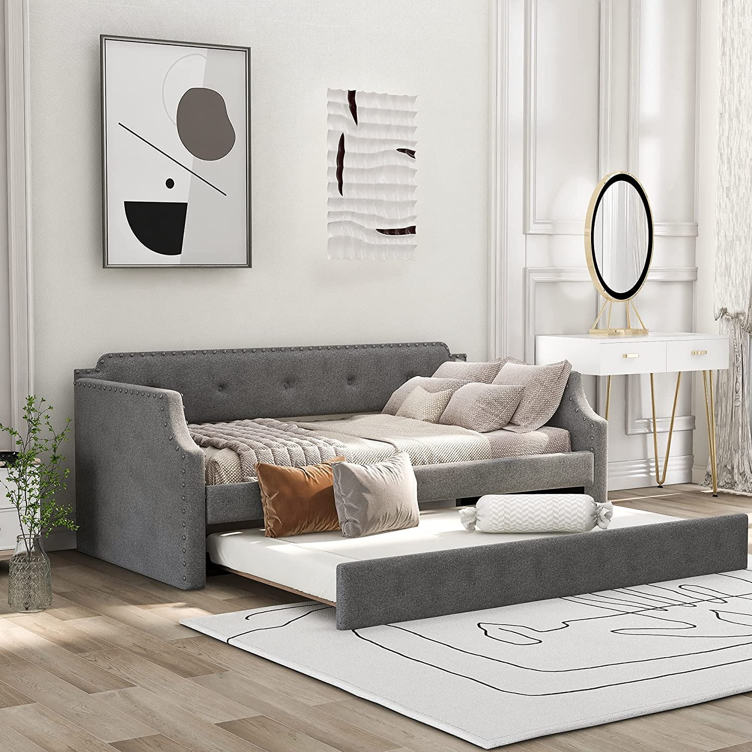 Size Upholsered Daybed Wih rudle, Upholsered Daybed Sofa Bed Frame For Livig Room Bedroom, Gray