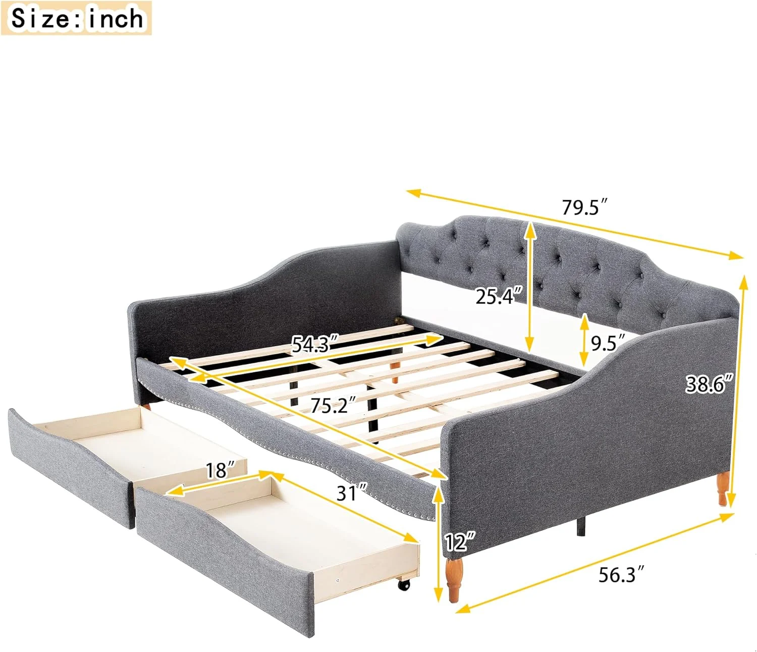 Upholstered Full Daybed With 2 Storage Drawers, Full Size Daybed Frame With Butto Tufted Backrest Ad Curved Armrests, Woode Full Sofa Bed For Livigroom Bedroom, Grey