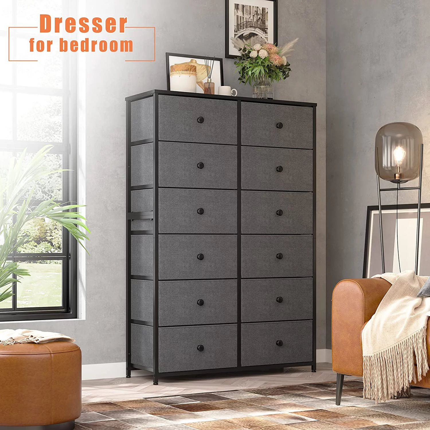 Popular Tall Dressers for Bedroom 12 Drawer Dresser for Closet Bedroom Dresser with Drawers Fabric Storage Dresser for Nursery Wooden Top  Metal Frame Rustic Brown