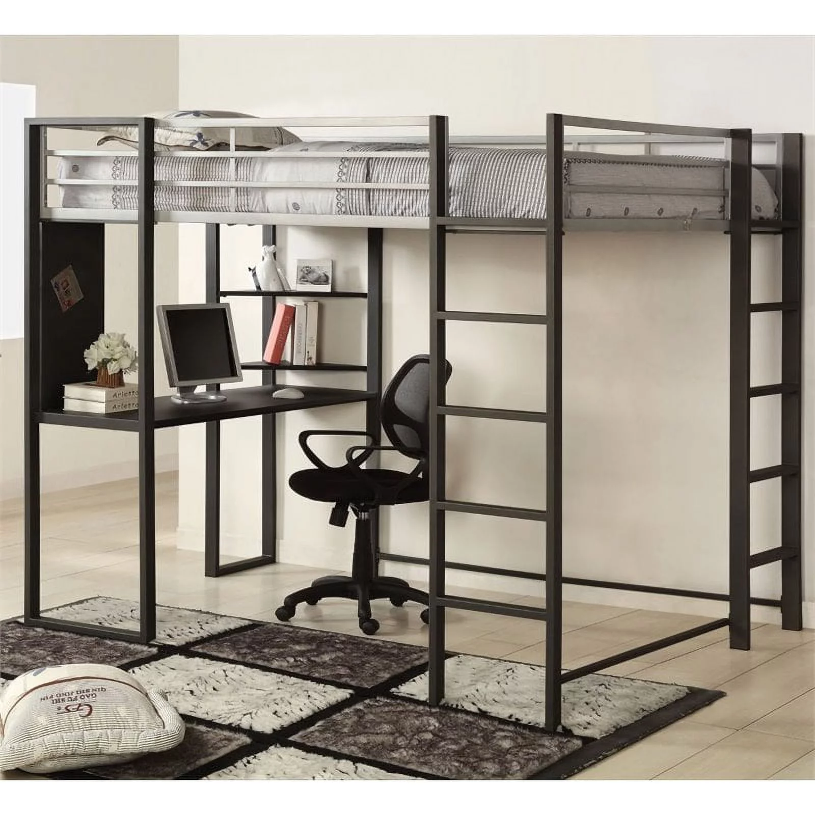 Bowery Hill Contemporary Metal Full Loft Bed with Workstation in Silver