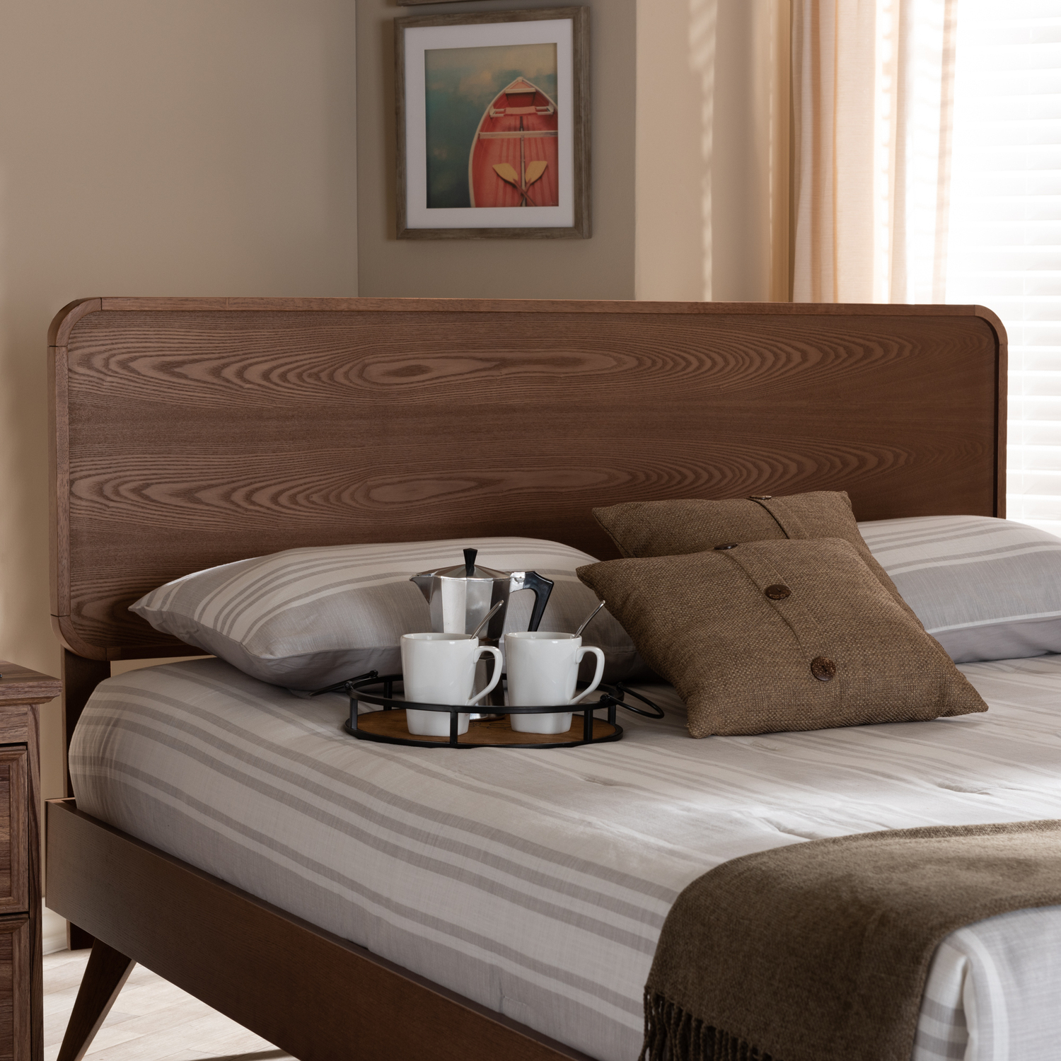 HomeStock Walnut Brown Finished Wood Industrial Impressions Size Headboard