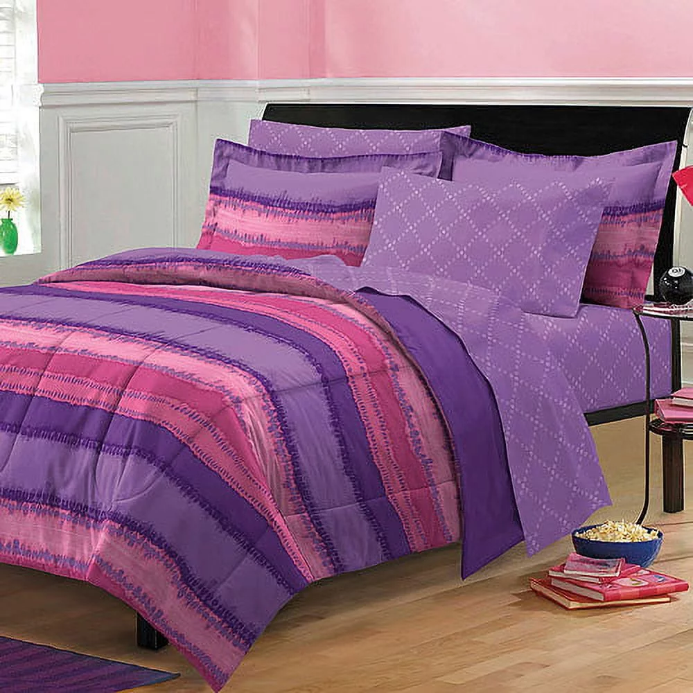 My Room Tie Dye Queen 7 Piece Bed in a Bag Bedding Set, Polyester, Plum