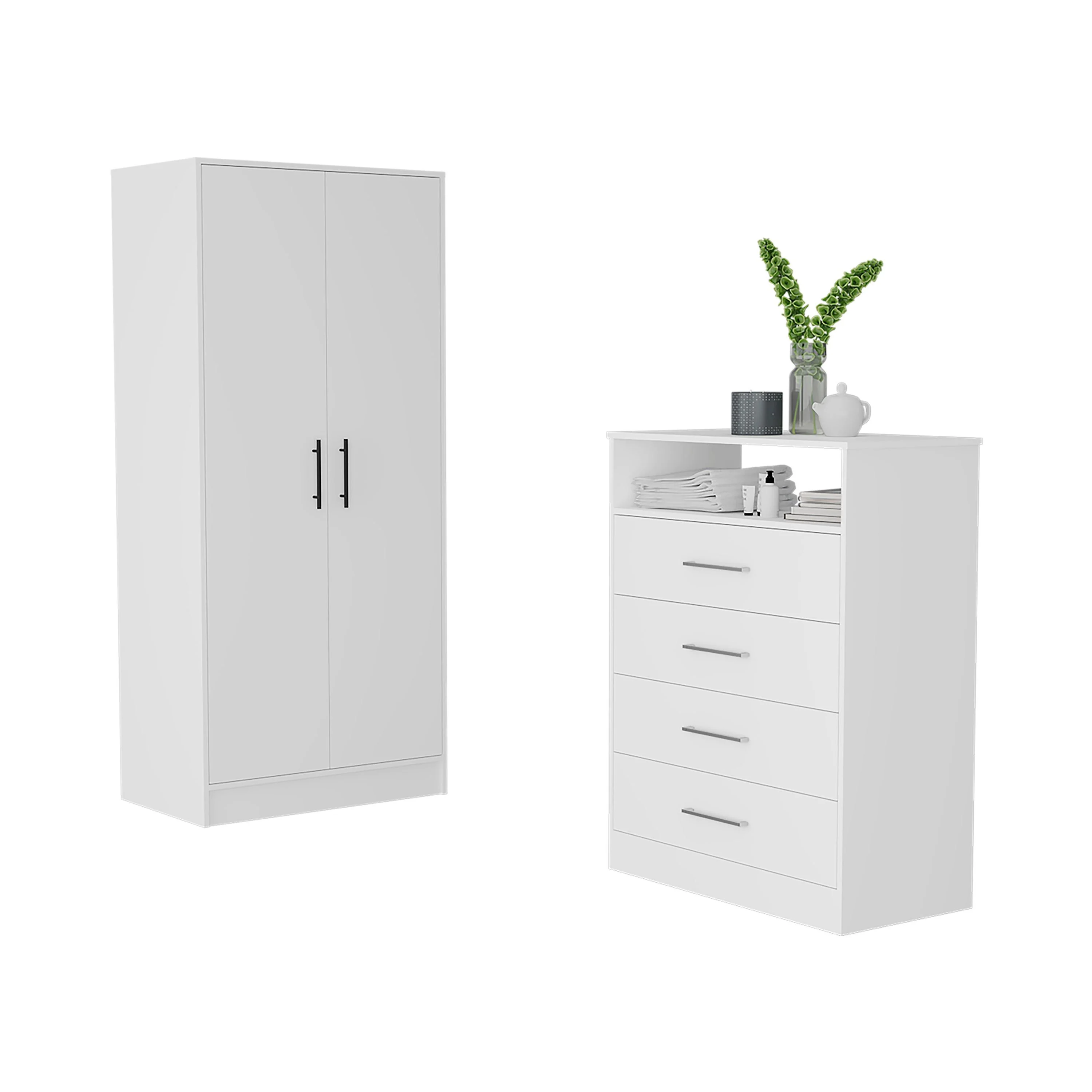 FM Furniture Midval 2-Piece Bedroom Set with Armoire and 4-Drawer Dresser, White