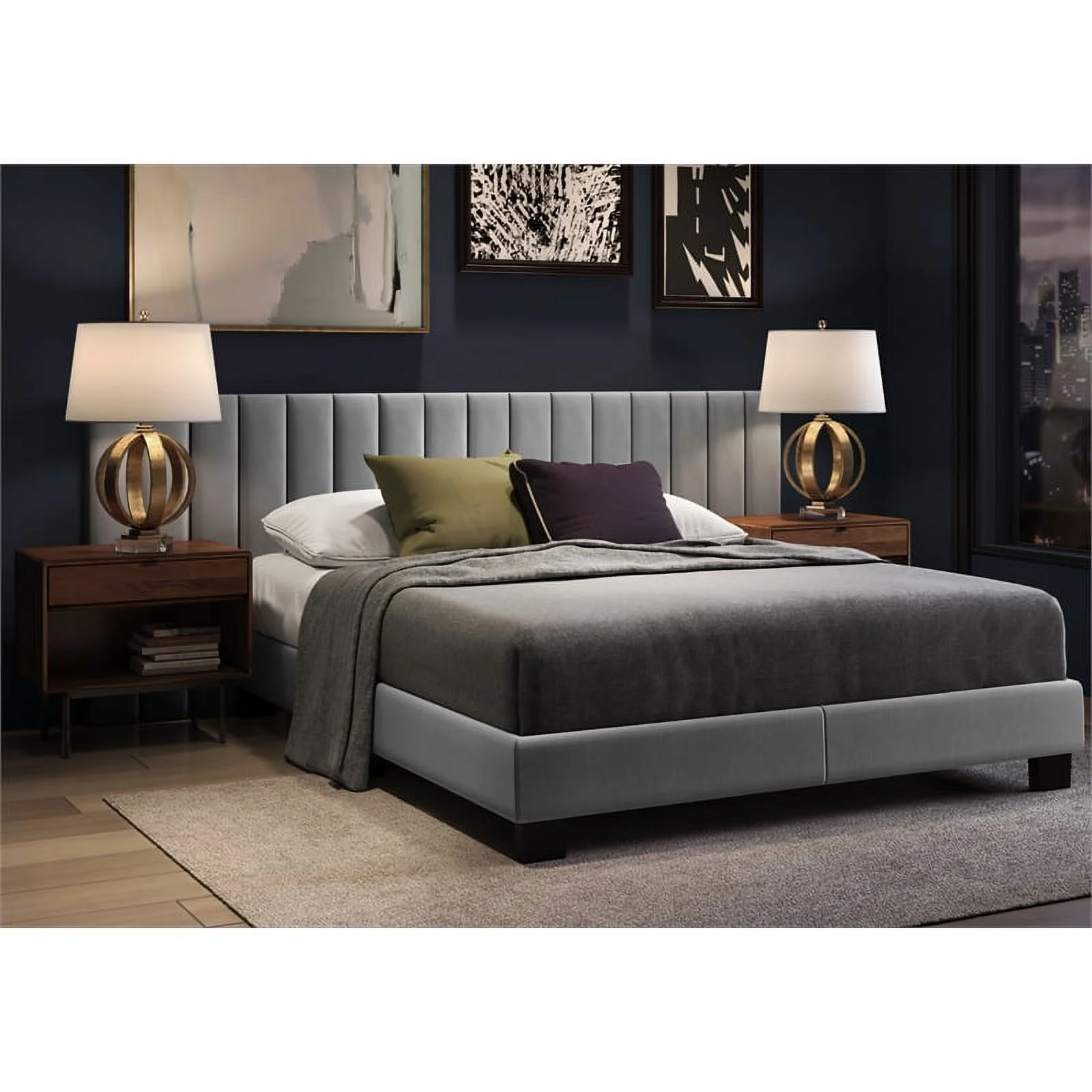 Pemberly Row Gramercy Channel Tufted Upholstered Bed Queen Size Grey Velvet