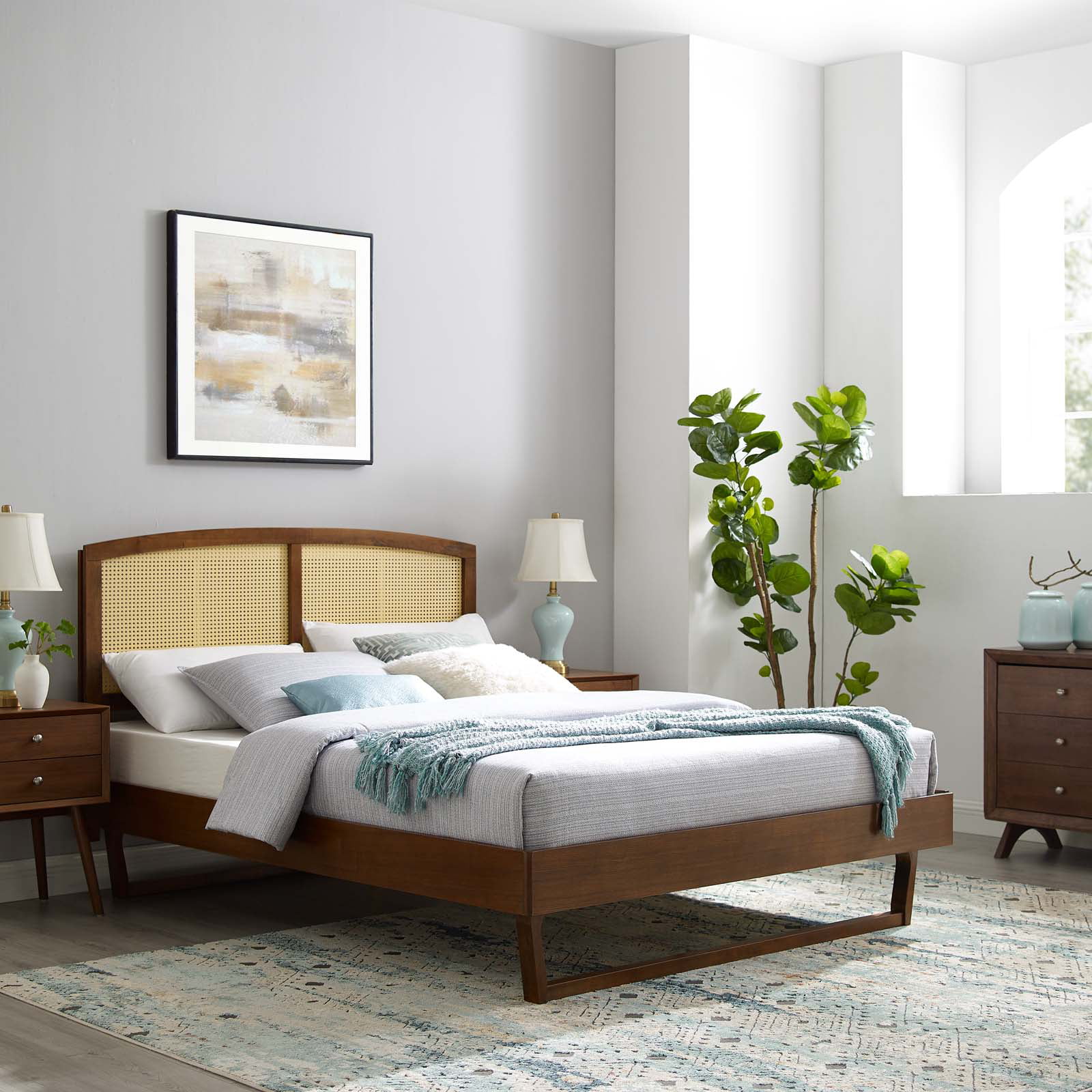Platform Bed Frame, Full Size, Wood, Brown Walnut, Modern Contemporary Urban Design, Bedroom Master Guest Suite