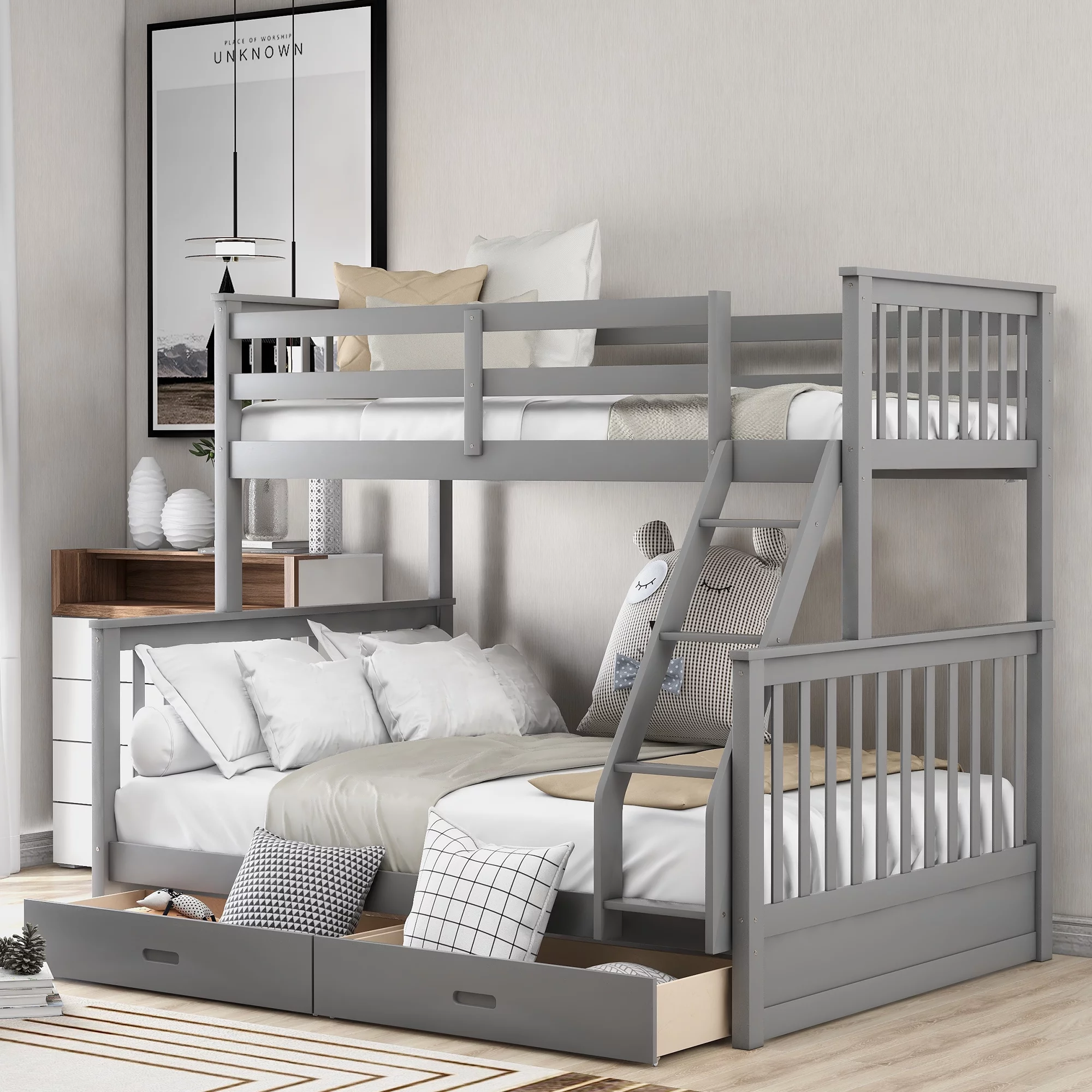 Gray Twin-Over-Full Bunk Bed with Ladders and Two Storage Drawers