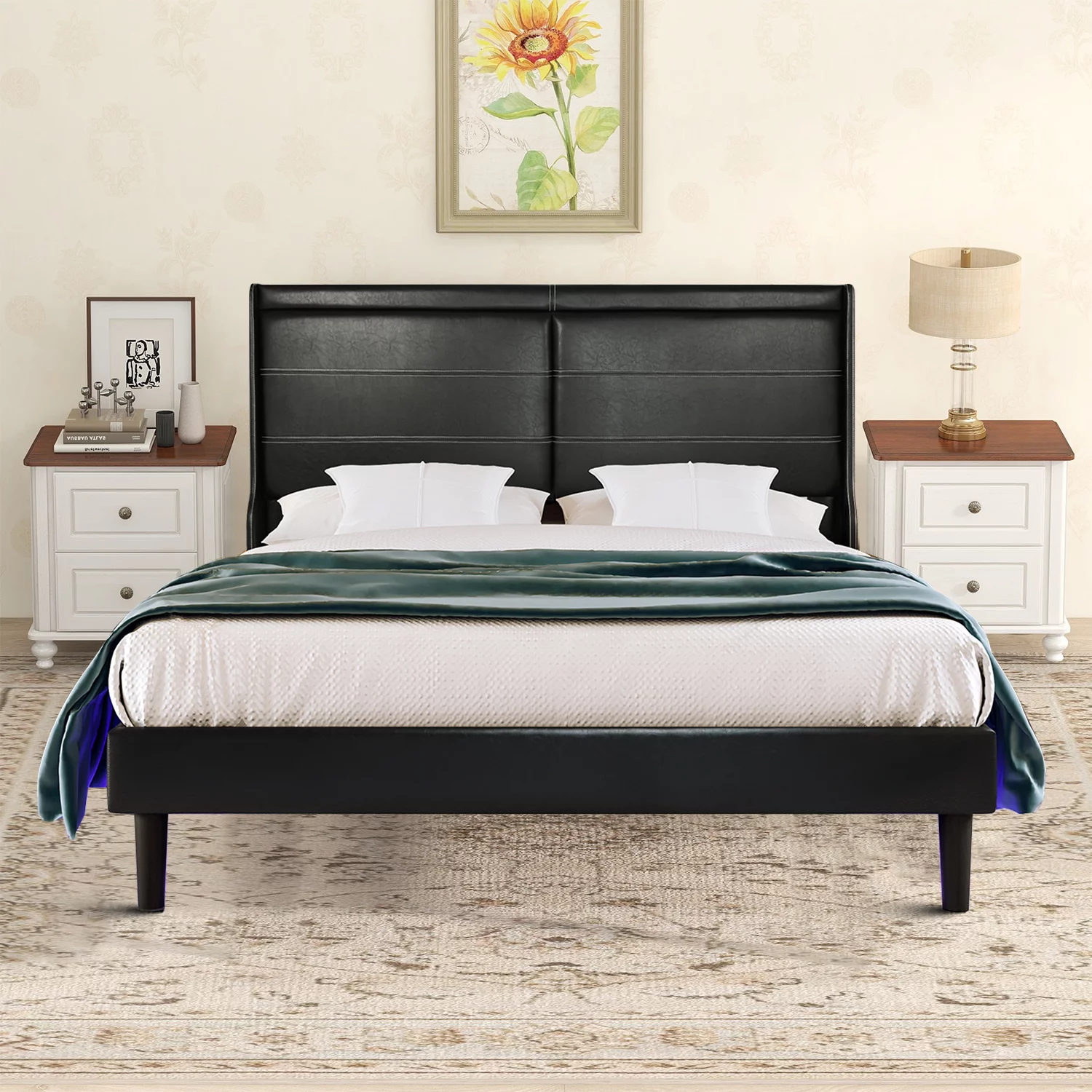 Modern and Elegant Queen Size PU Leather Upholstered Platform Bed with Wooden Frame, Antique Black