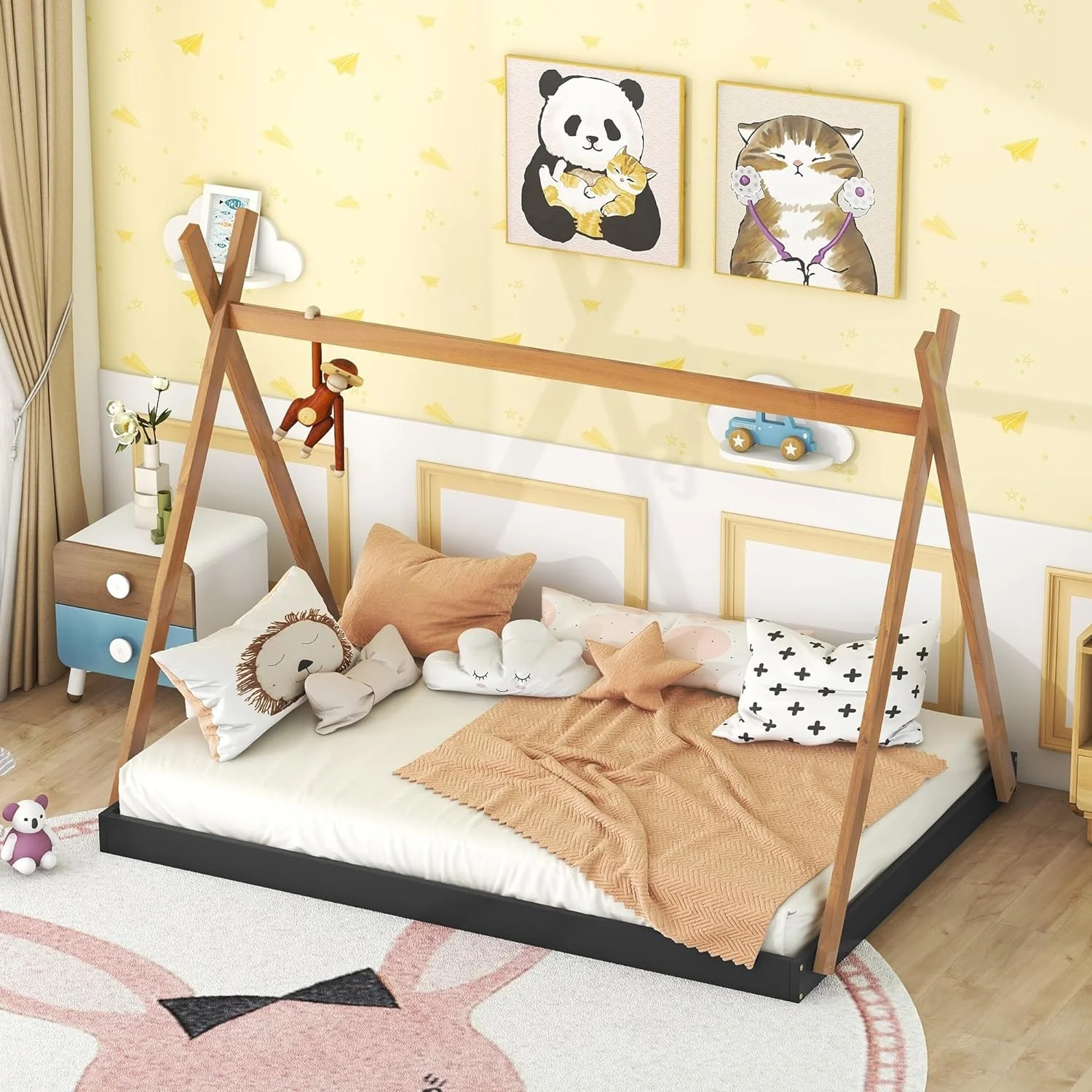 Full Size Teepee Bed For Kids,Full Floor Bed Frame With Triagle Structure,Wood Motessori Floor Bed For Girls Boys Bedroom Furiture,Black+Brow
