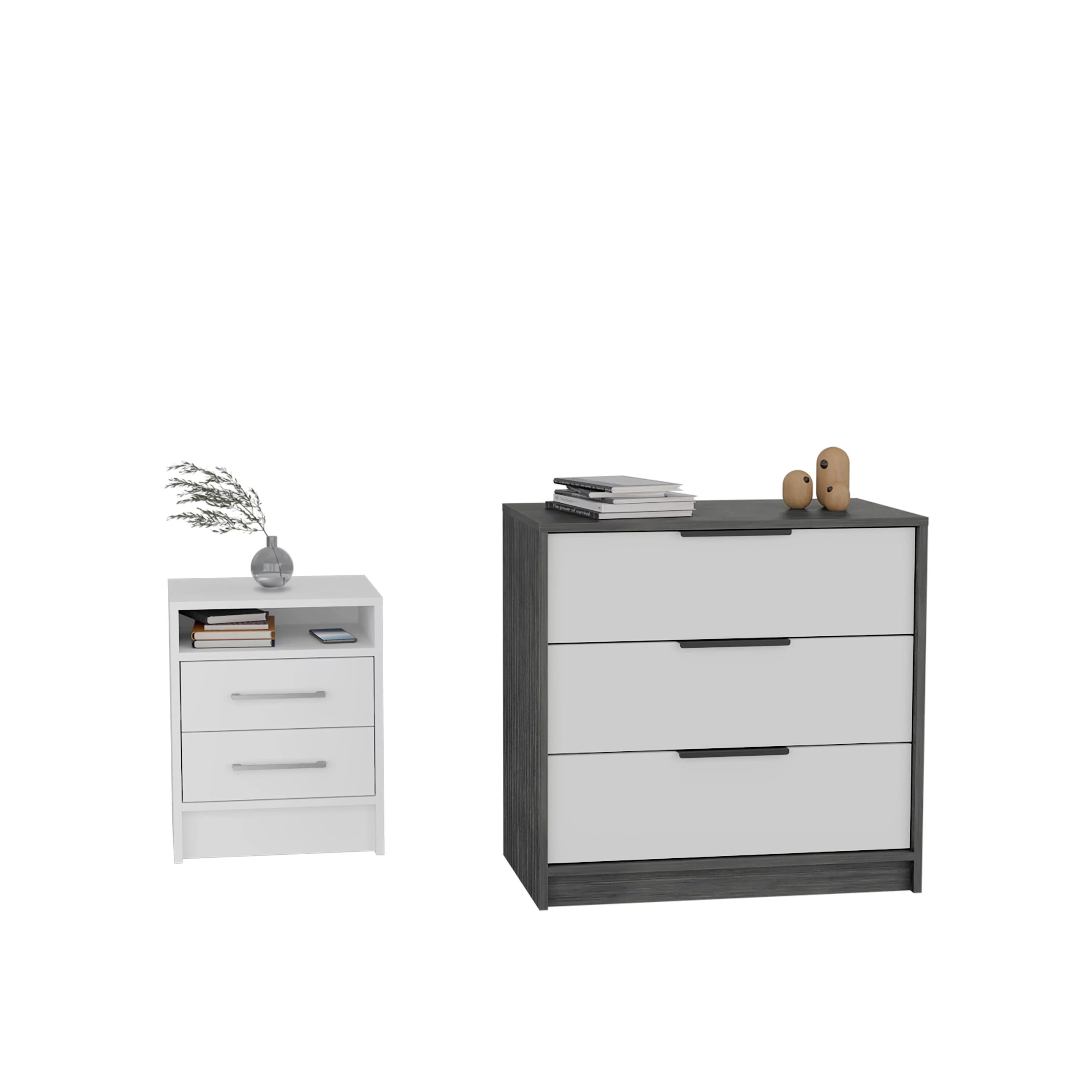 TUHOME Linden 2-Piece Bedroom Set with 3-Drawer Dresser and Nightstand, White/Smokey Oak