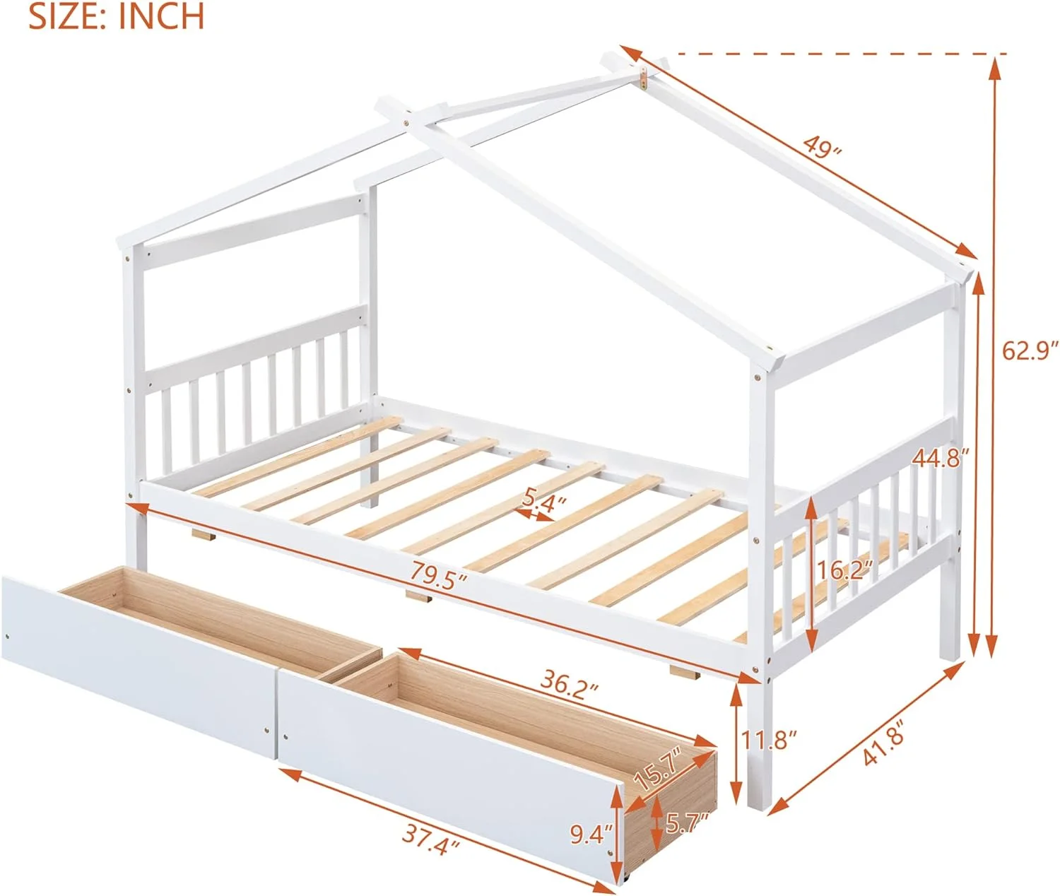 Size House Bed With Drawers, Wooden Platform Bed Frame With Headboard And Footboard, Roof Design, For Guest Room/Living Room, White