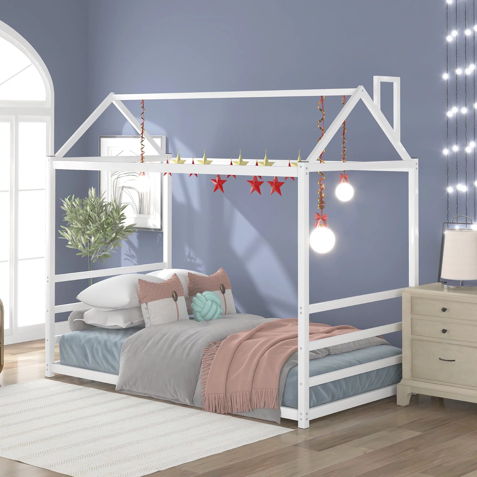 Anself House Platform Bed with Roof and Chimney Design,White