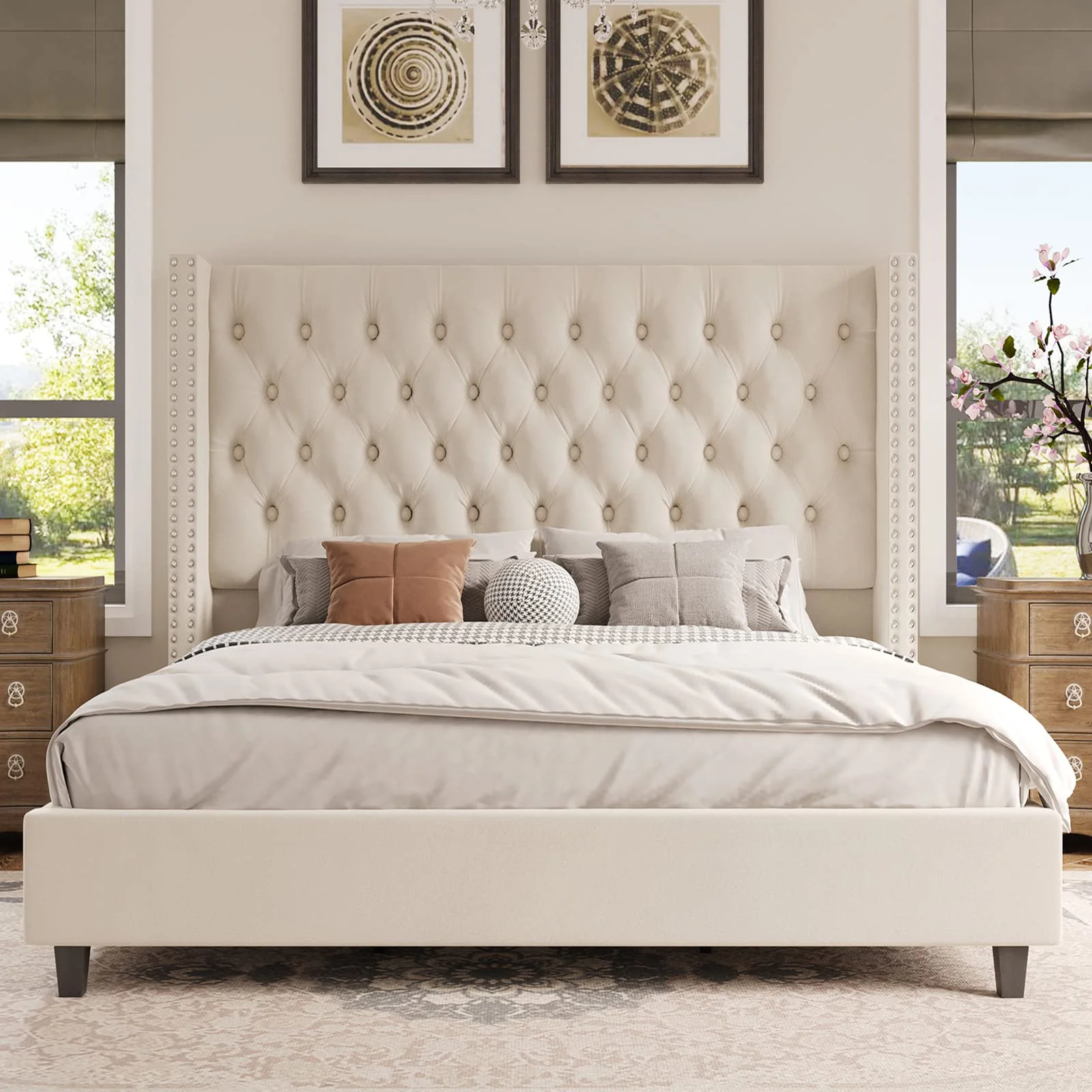 Queen Upholstered Bed Frame with Tall Headboard Wingback Platform Bed Tufted Deep Button Velvet/No Box Spring Needed/Easy Assembly/Cream