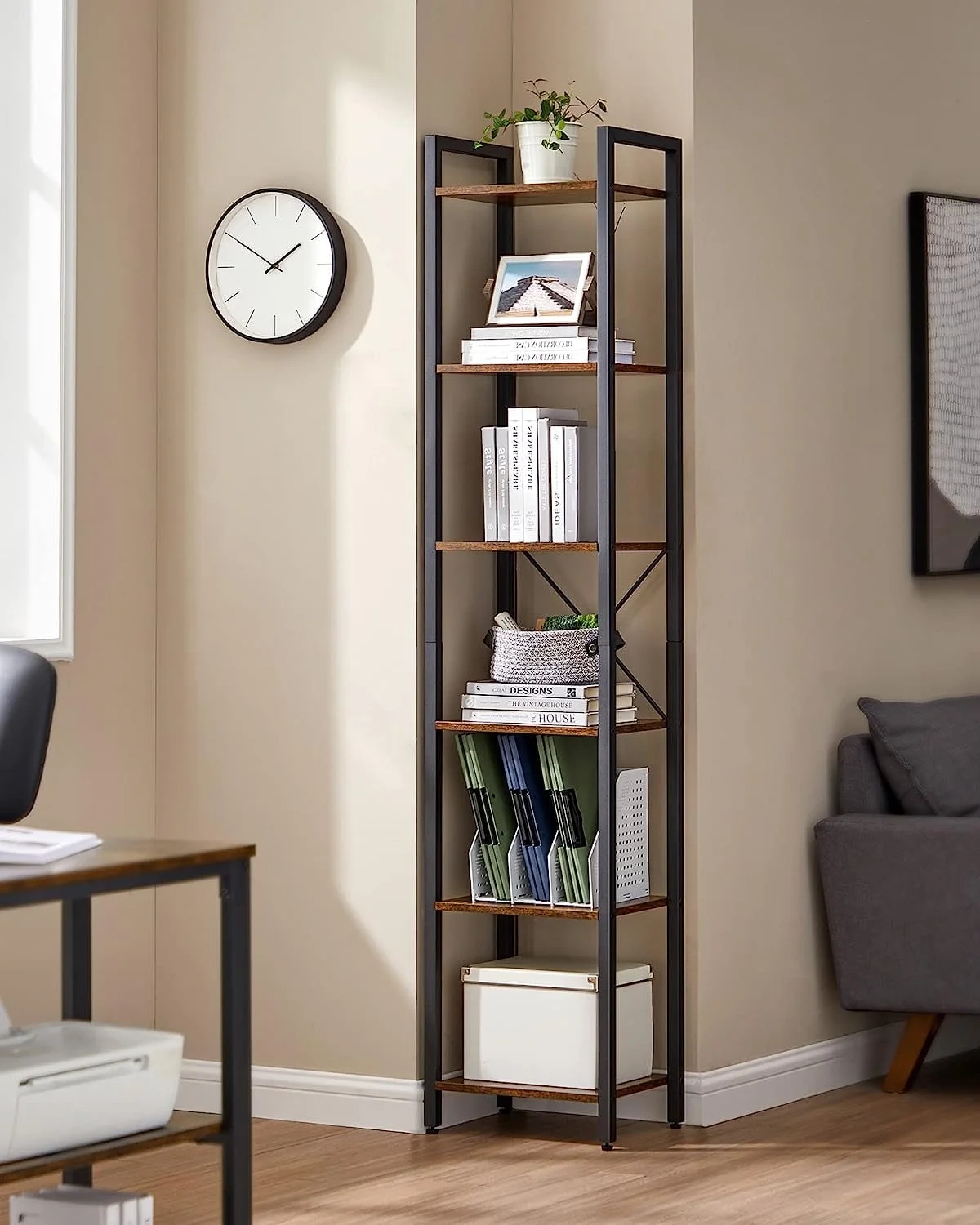 VASAGLE Storage Rack 6-Tier Tall Bookshelf Bookcase Display Shelves for Living Room Office Rustic Brown and Black