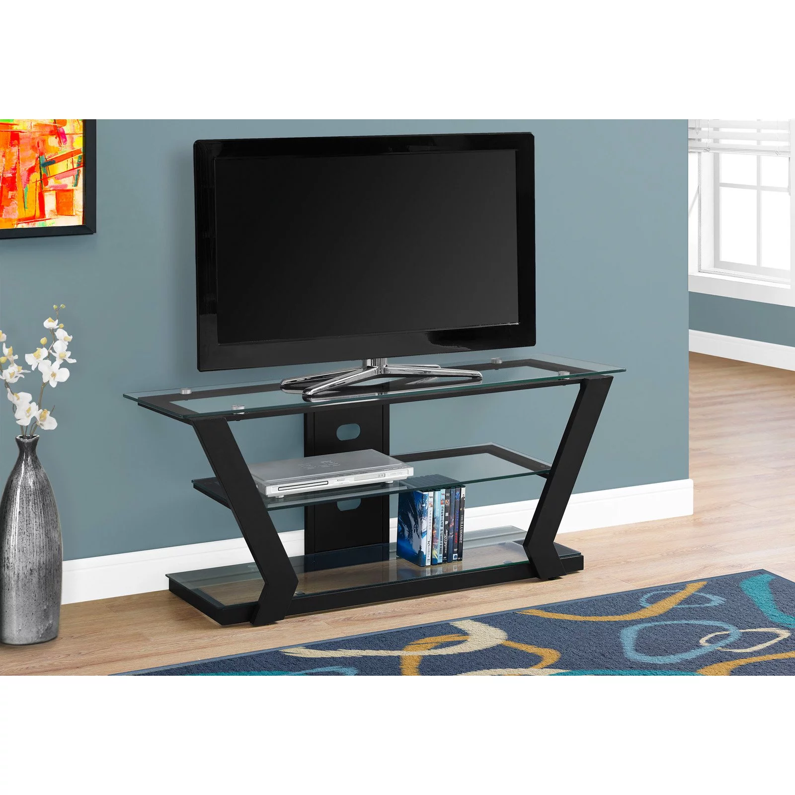 Tv Stand 48 Inch Console Living Room Bedroom Tempered Glass Black