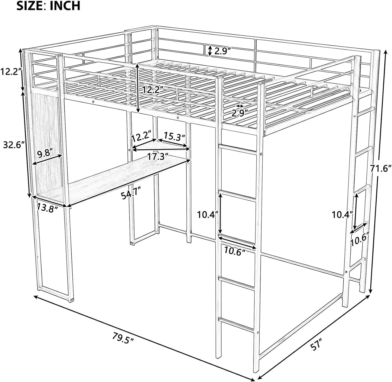 Full Lof Beds Meal Bed Frame Lof Bed Wih Desk Ad Bookcase, Full Size Lof Bed For Dorm, Boys & Girls ees Kids, Whie