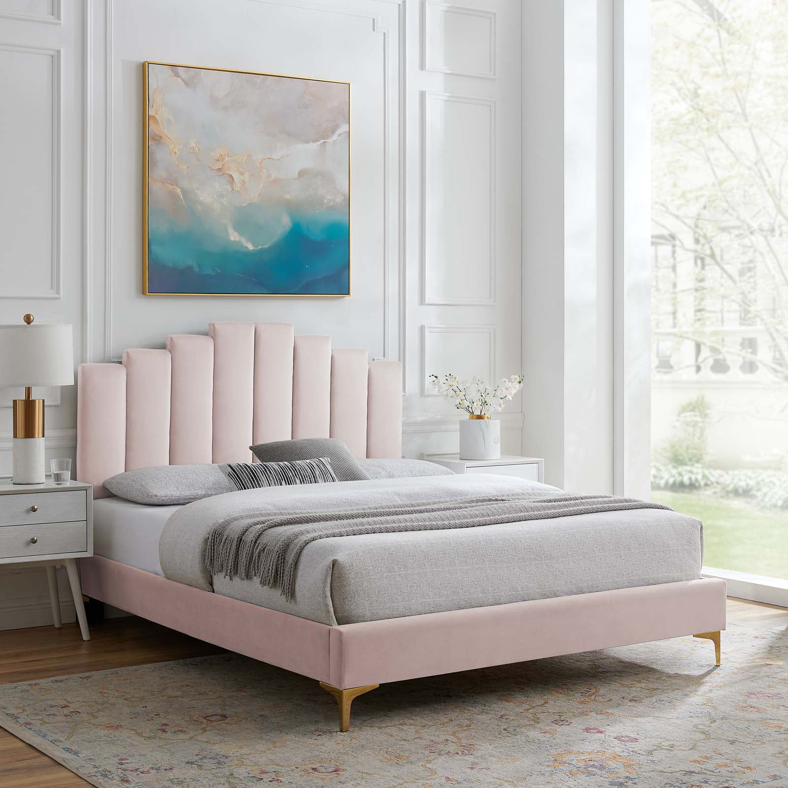 Modway Elise King Performance Velvet Platform Bed in Pink