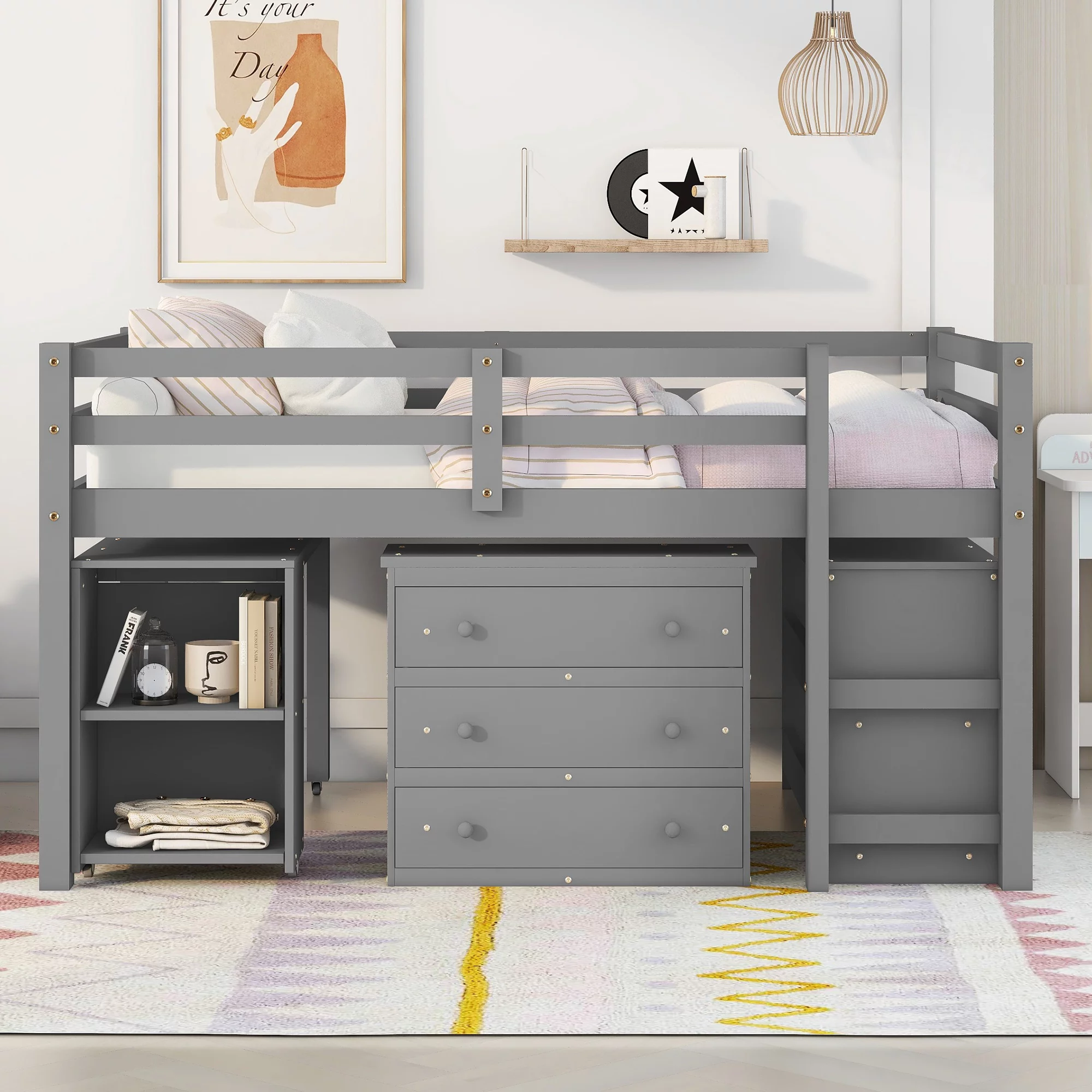 Churanty Wooden Full Loft Bed with Cabinet and Rolling Portable Desk, Low Study Loft Bed with Drawers,Gray