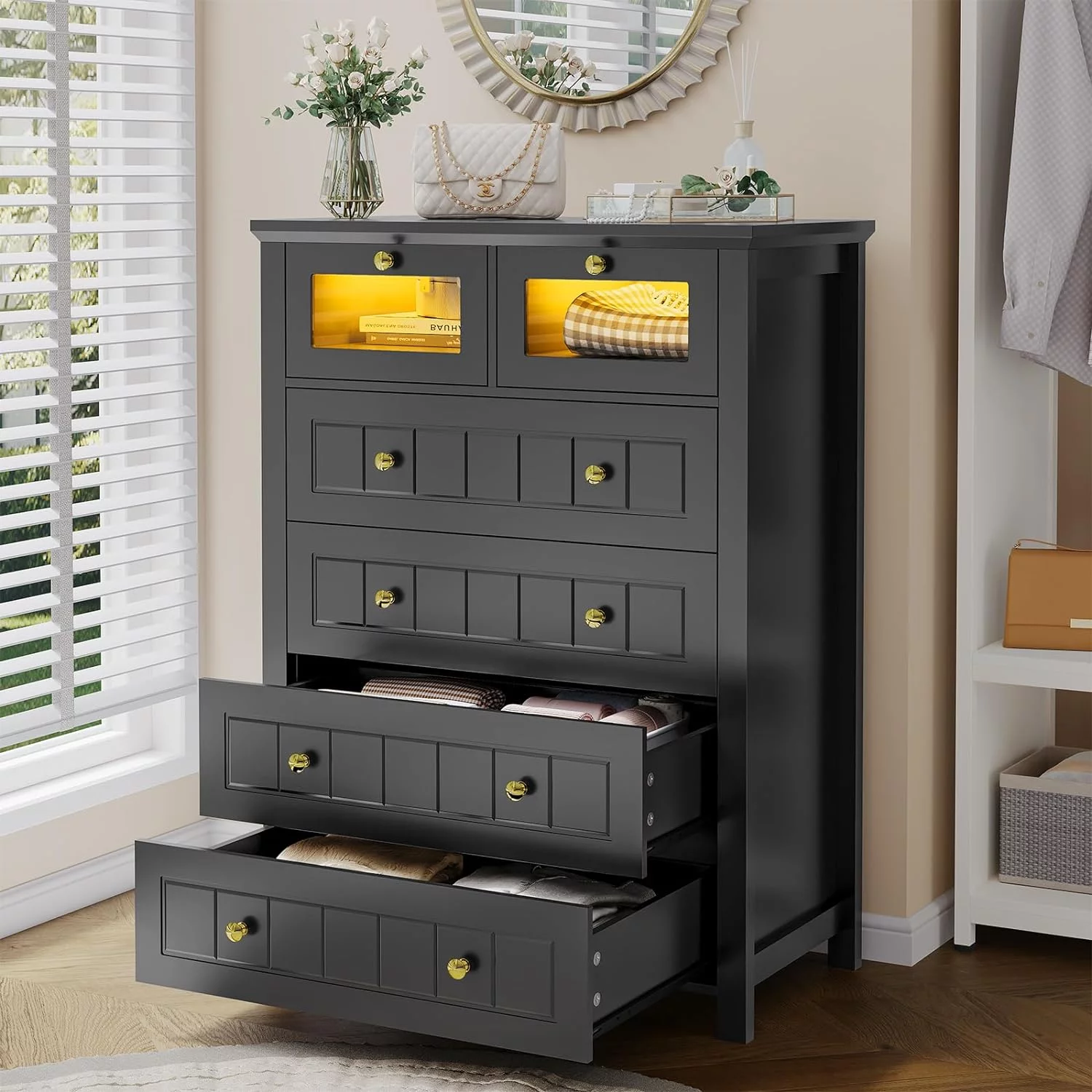 6 Drawer Dresser with LED Light, Modern Dresser for Bedroom, Milled Grooves Design, Black Finish