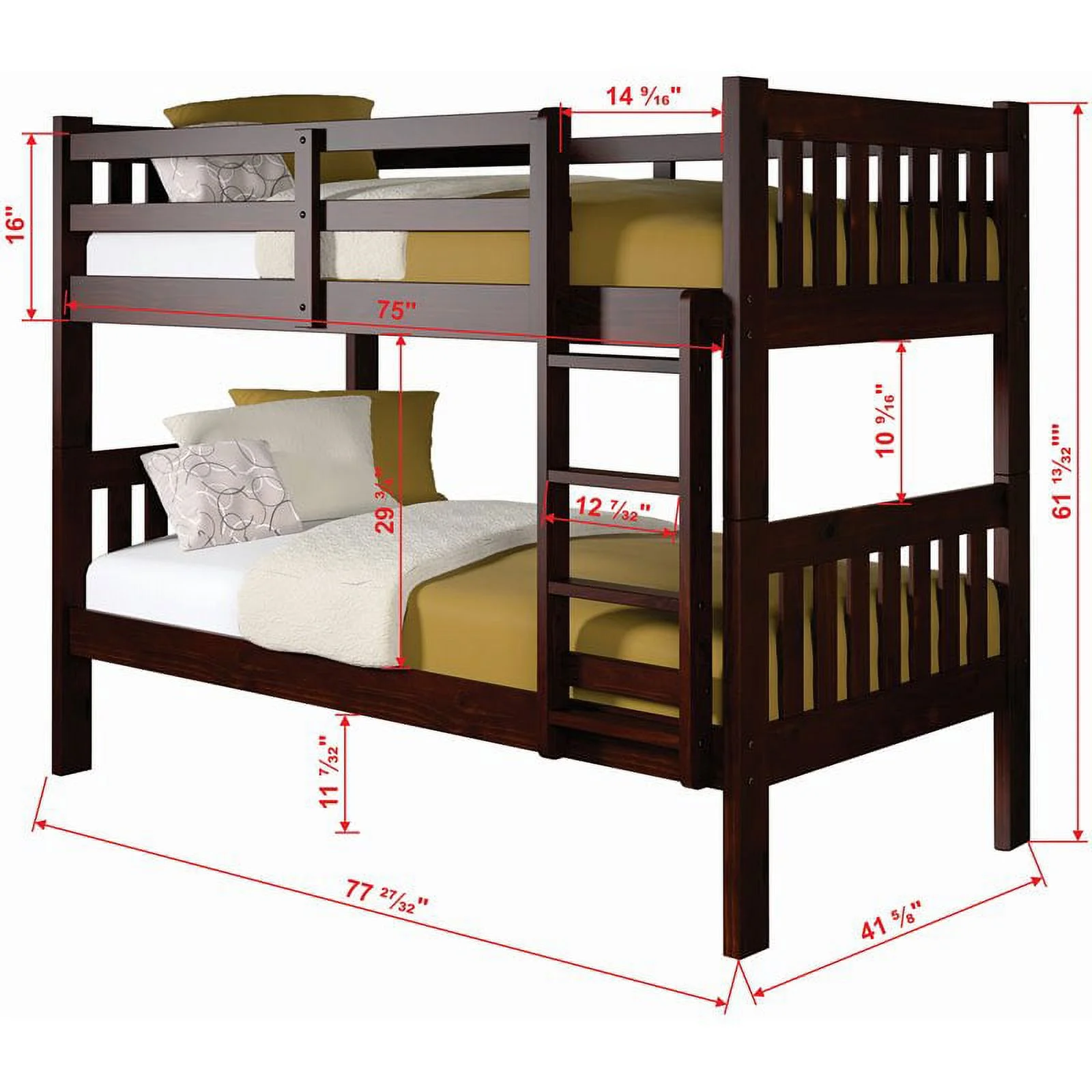 Pemberly Row Twin Over Twin Solid Wood Mission Bunk Bed in Cappuccino